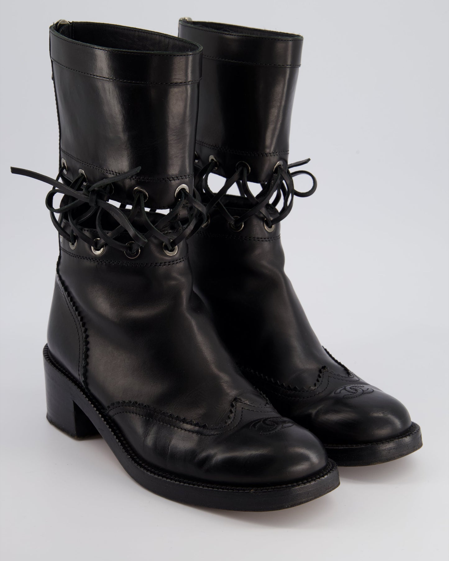 Chanel *runway* Black Lace Up Insert Detail CC Logo Boots Size Eu 40.5 for Women