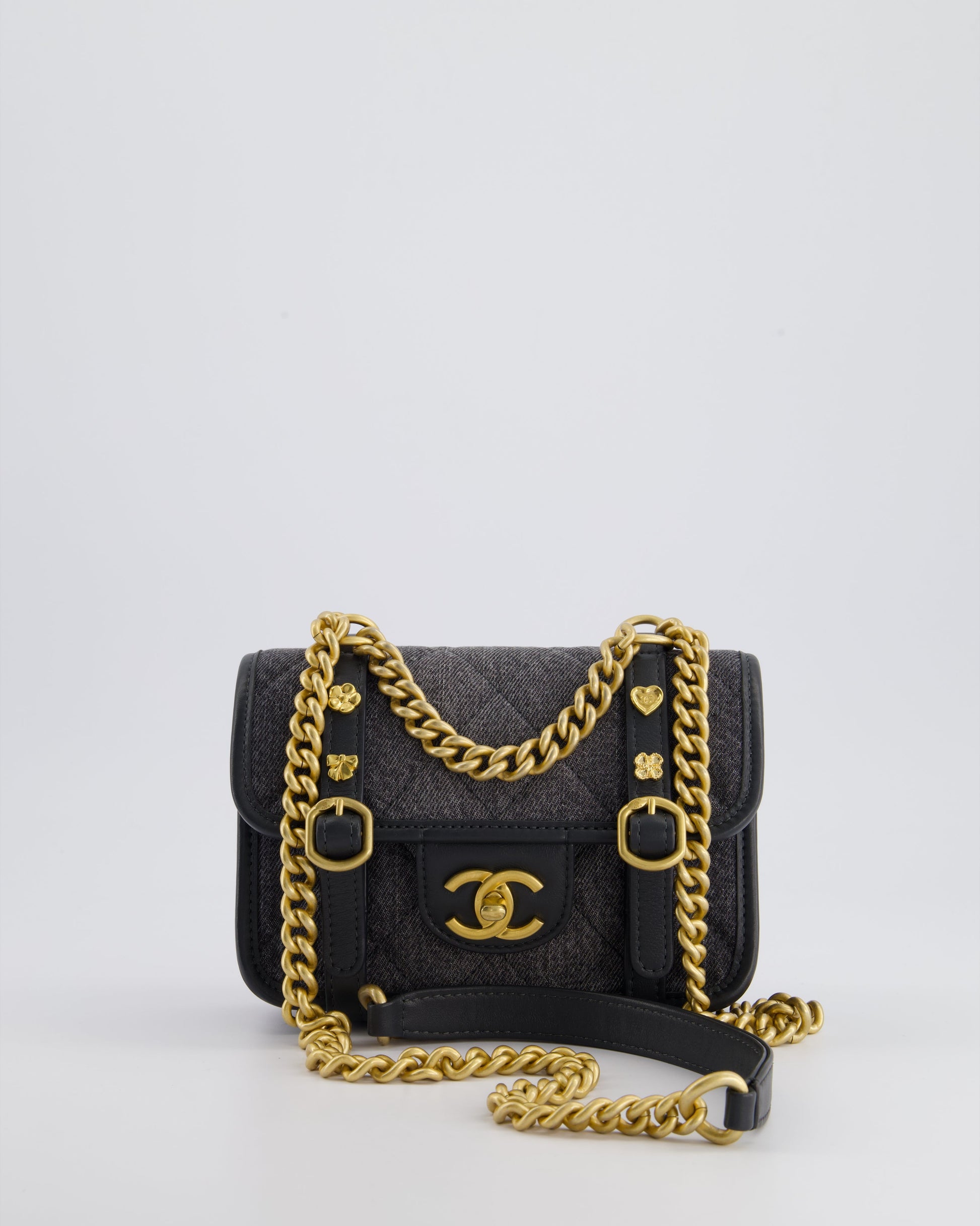 Chanel Grey Mini Denim Flap Bag With Brushed Gold Hardware And Charm Detail