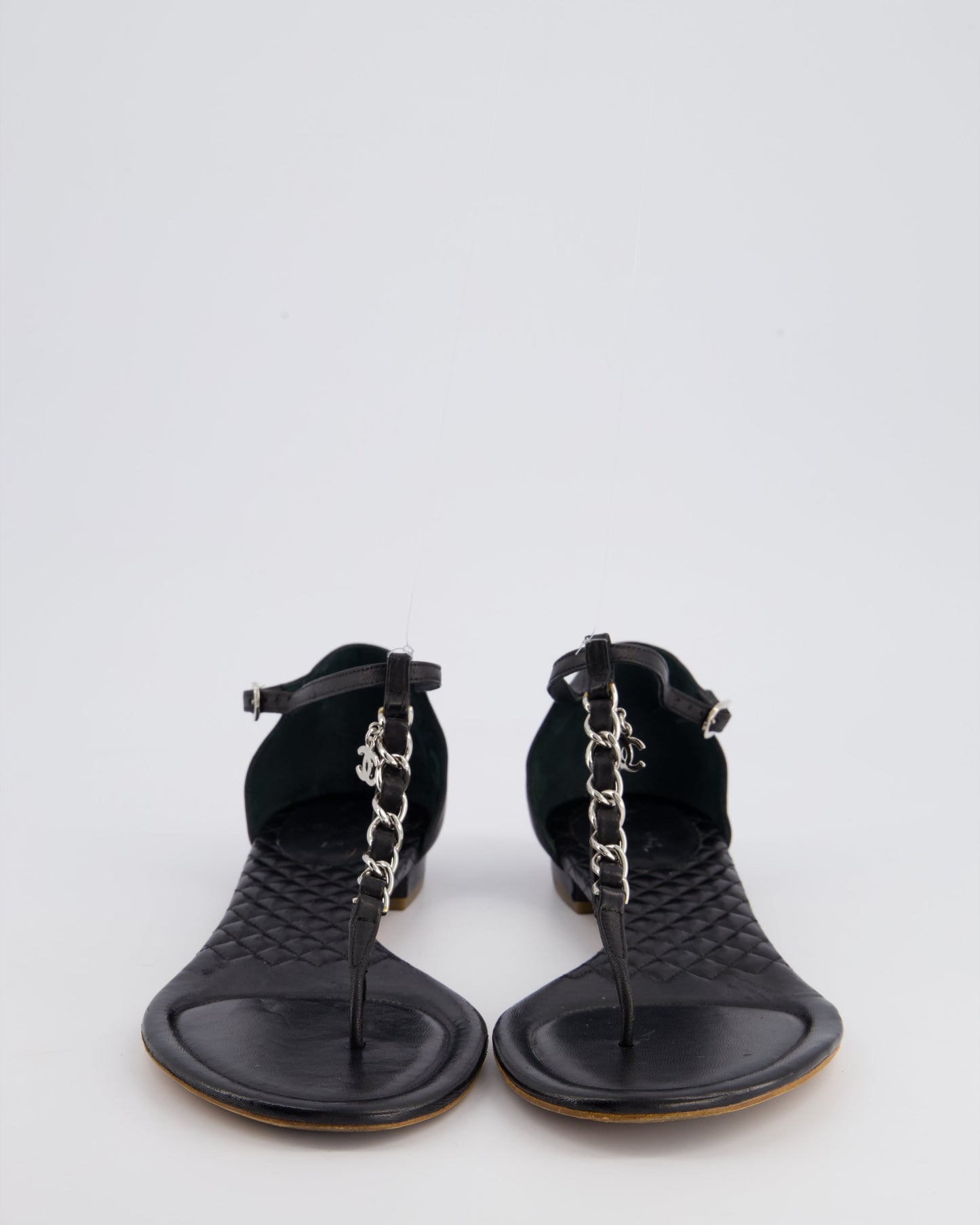 Chanel Black Leather Sandal With Chain Cc Detail Size Eu 40.5