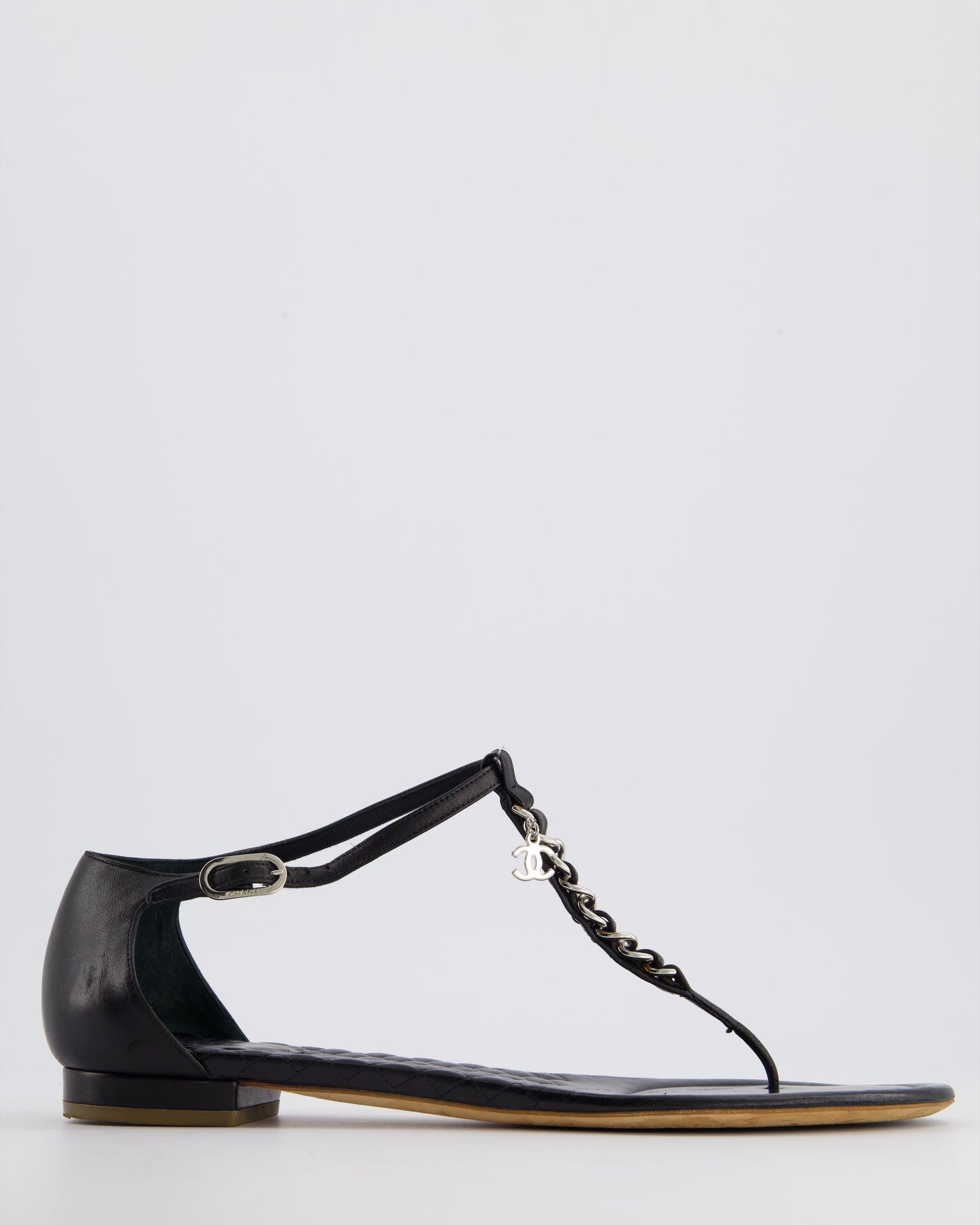 Chanel Black Leather Sandal With Chain Cc Detail Size Eu 40.5