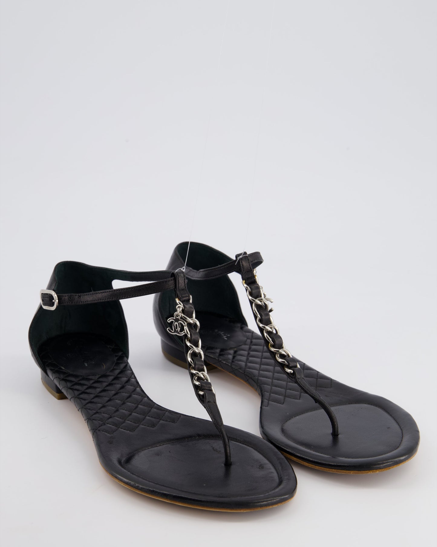 Chanel Black Leather Sandal With Chain Cc Detail Size Eu 40.5