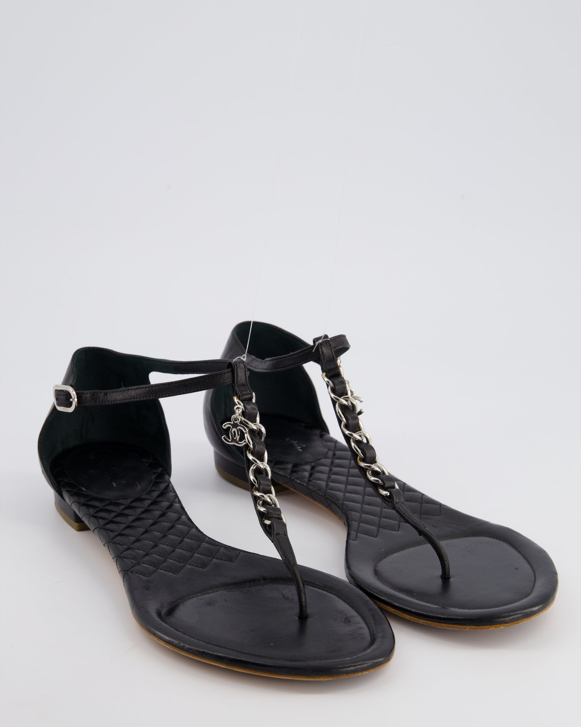 Chanel Black Leather Sandal With Chain Cc Detail Size Eu 40.5