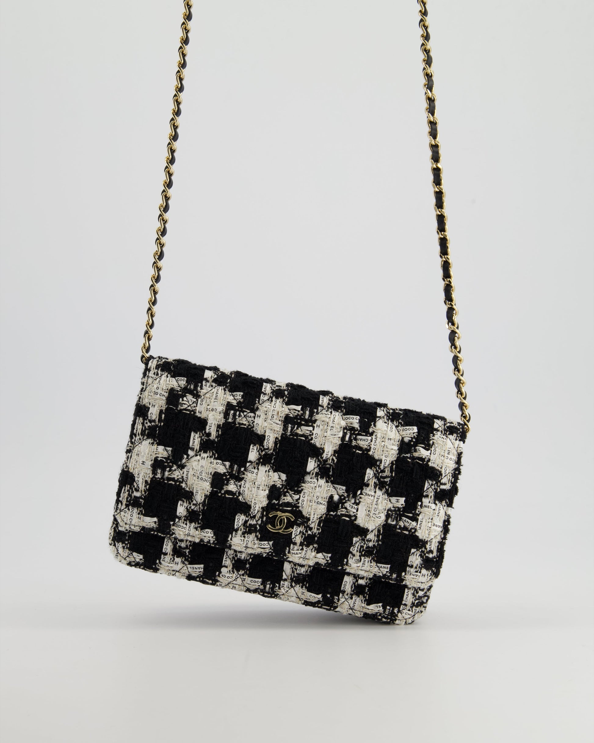 Chanel *hot* Black & White Houndstooth Wallet on Chain Bag in Tweed with Champagne Gold Hardware