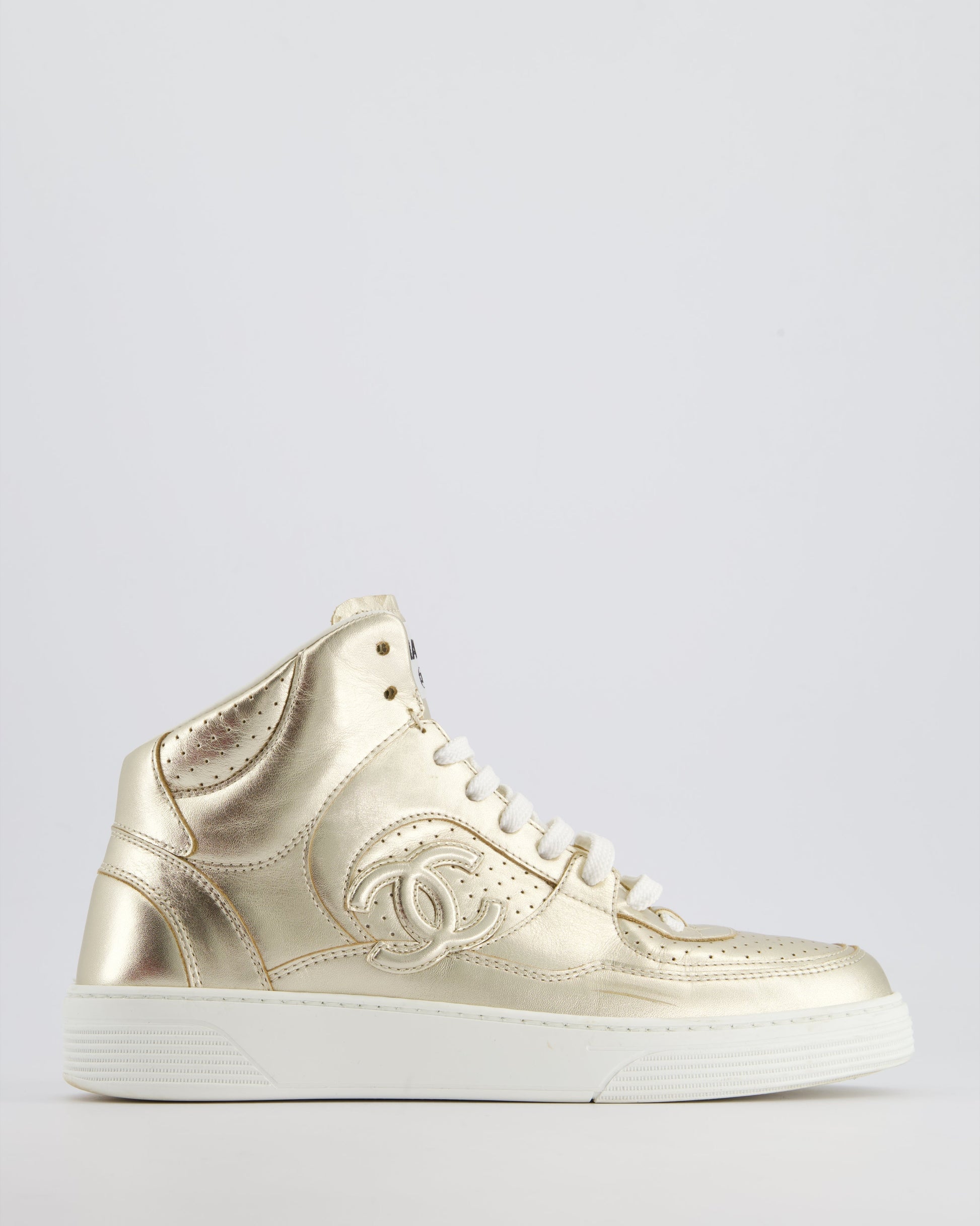 Chanel 24C Metallic Gold High Sneakers In Calfskin Leather With Logo Detail Size Eu 39