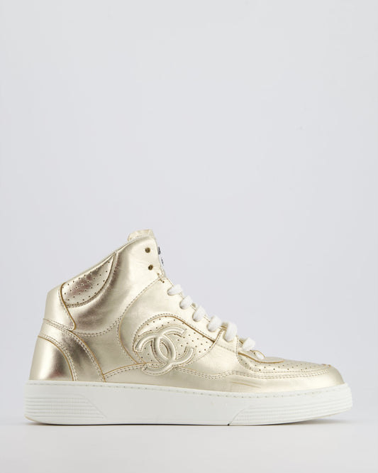 Chanel 24C Metallic Gold High Sneakers In Calfskin Leather With Logo Detail Size Eu 39