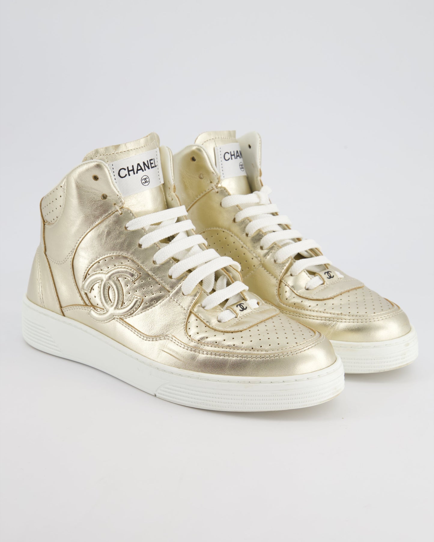 Chanel 24C Metallic Gold High Sneakers In Calfskin Leather With Logo Detail Size Eu 39