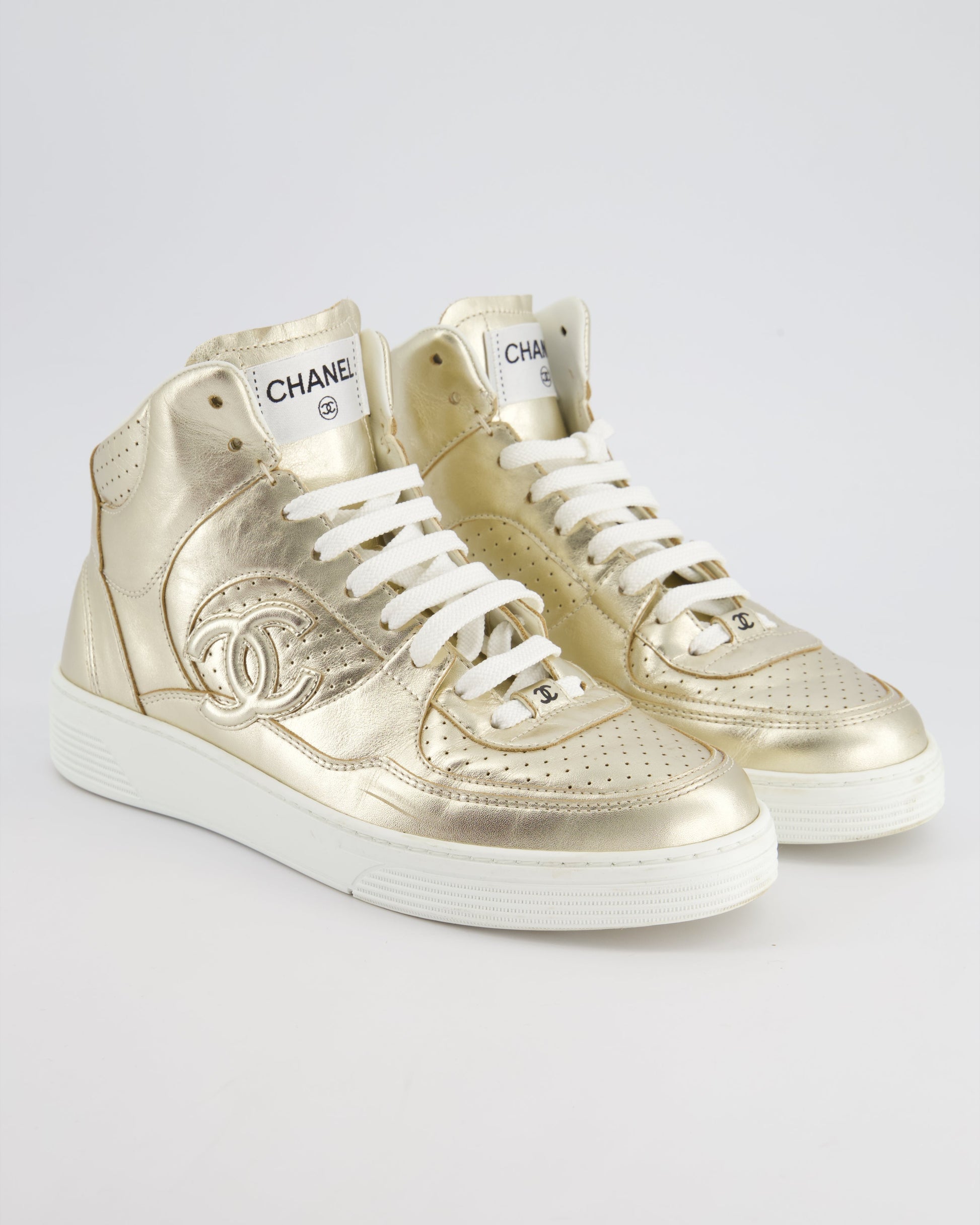 Chanel 24C Metallic Gold High Sneakers In Calfskin Leather With Logo Detail Size Eu 39