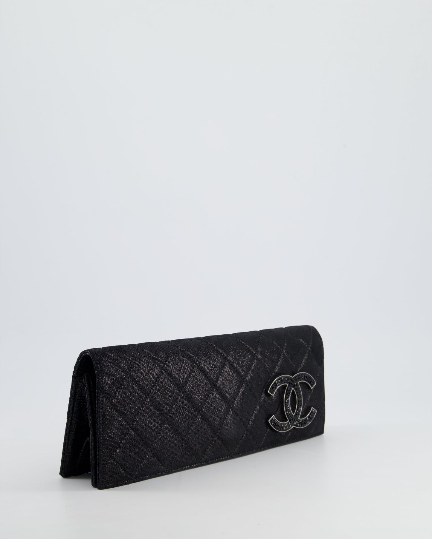 Chanel *Hot* Black Shiny Quilted Long Clutch In Coated Calfskin With Silver Hardware And Crystal Cc Detail