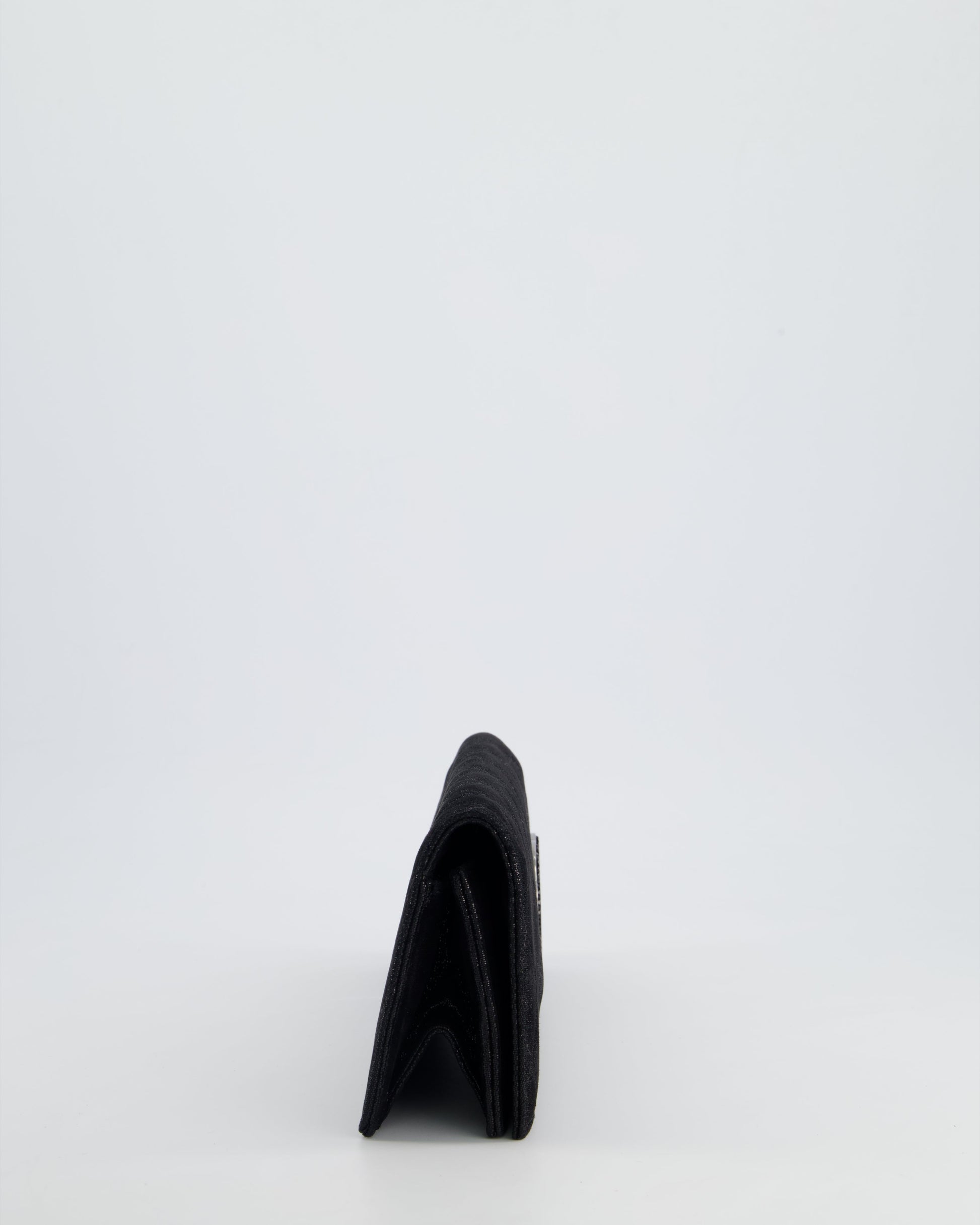 Chanel *Hot* Black Shiny Quilted Long Clutch In Coated Calfskin With Silver Hardware And Crystal Cc Detail