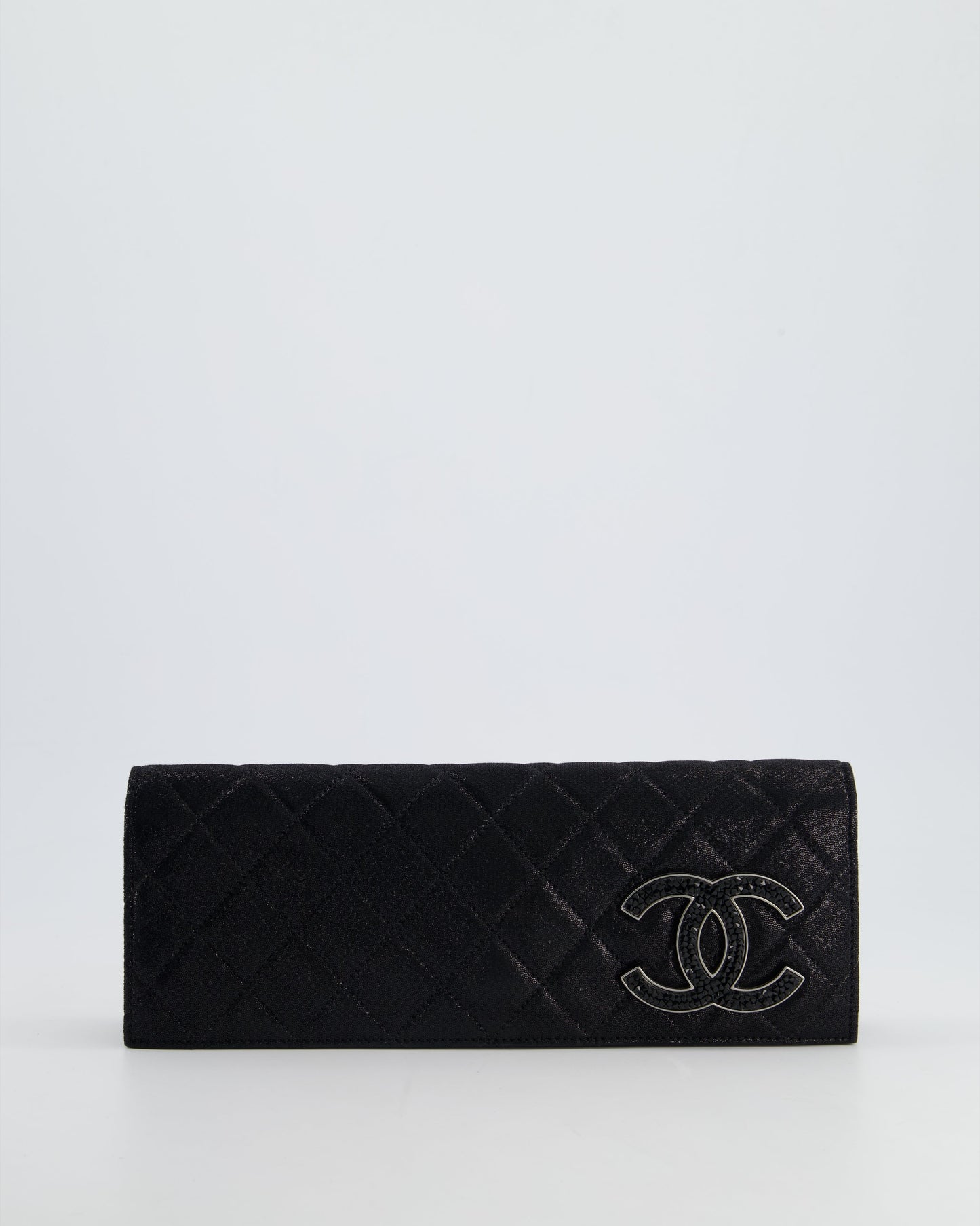 Chanel *Hot* Black Shiny Quilted Long Clutch In Coated Calfskin With Silver Hardware And Crystal Cc Detail