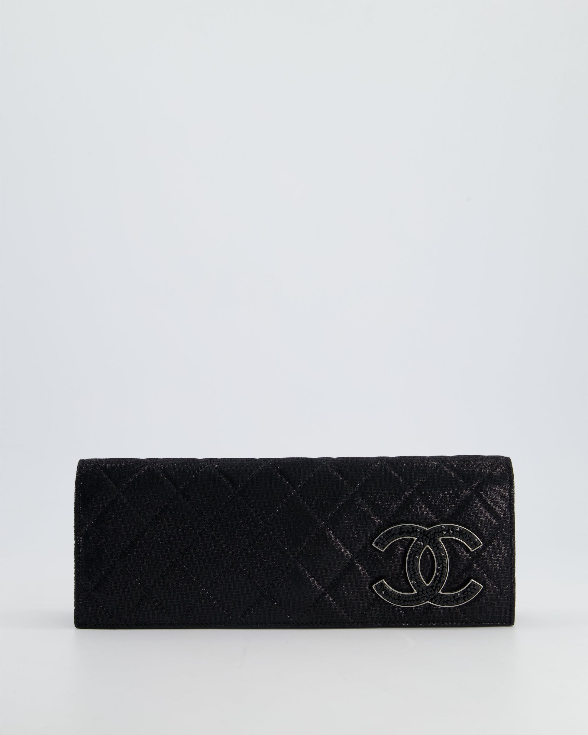 Chanel *Hot* Black Shiny Quilted Long Clutch In Coated Calfskin With Silver Hardware And Crystal Cc Detail