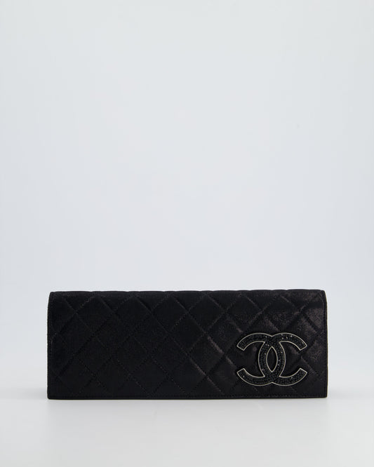 Chanel *Hot* Black Shiny Quilted Long Clutch In Coated Calfskin With Silver Hardware And Crystal Cc Detail