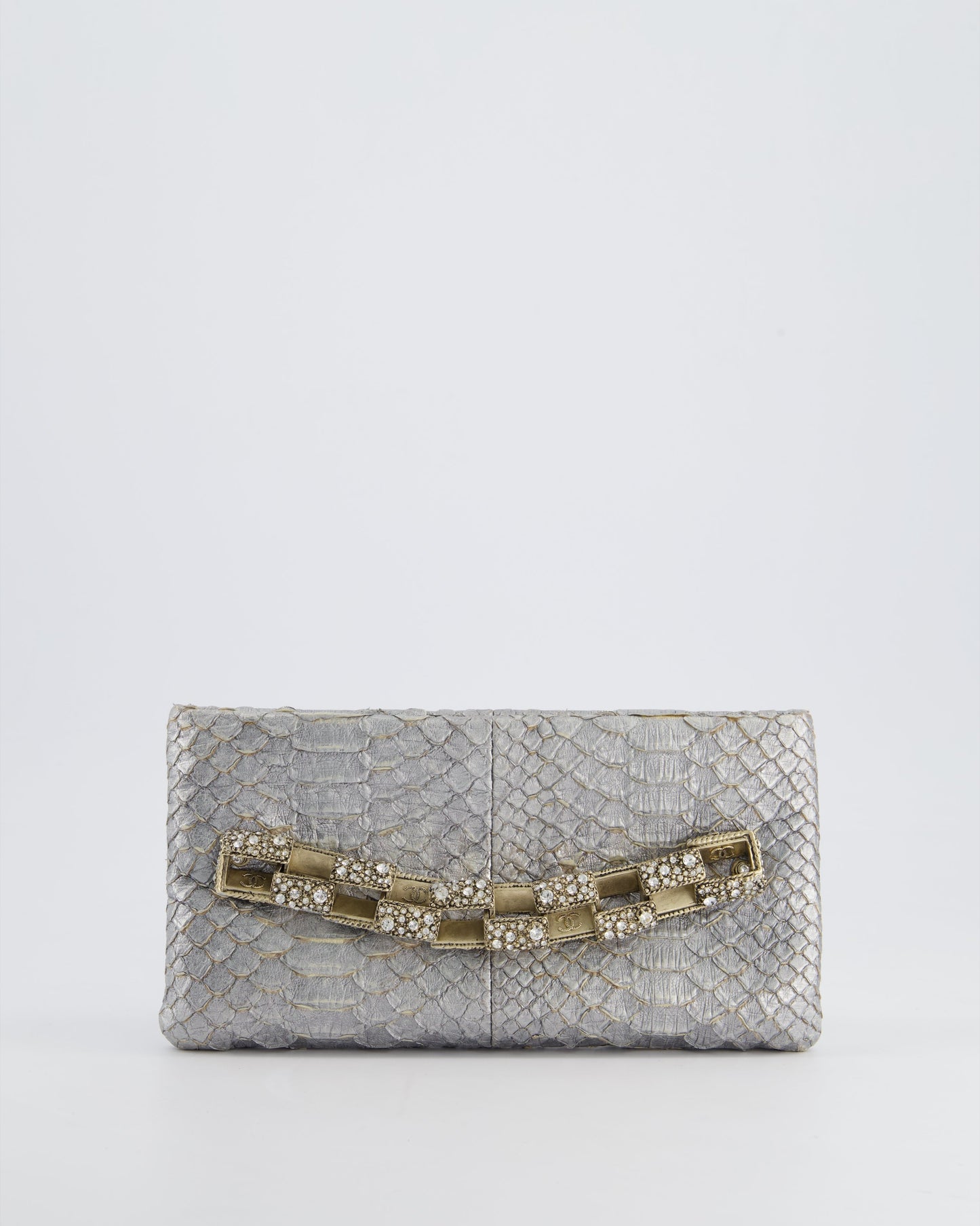 Chanel *Rare* Metallic Silver Paris Bombay Clutch In Python Leather And Antique Gold Hardware With Embellished Crystals
