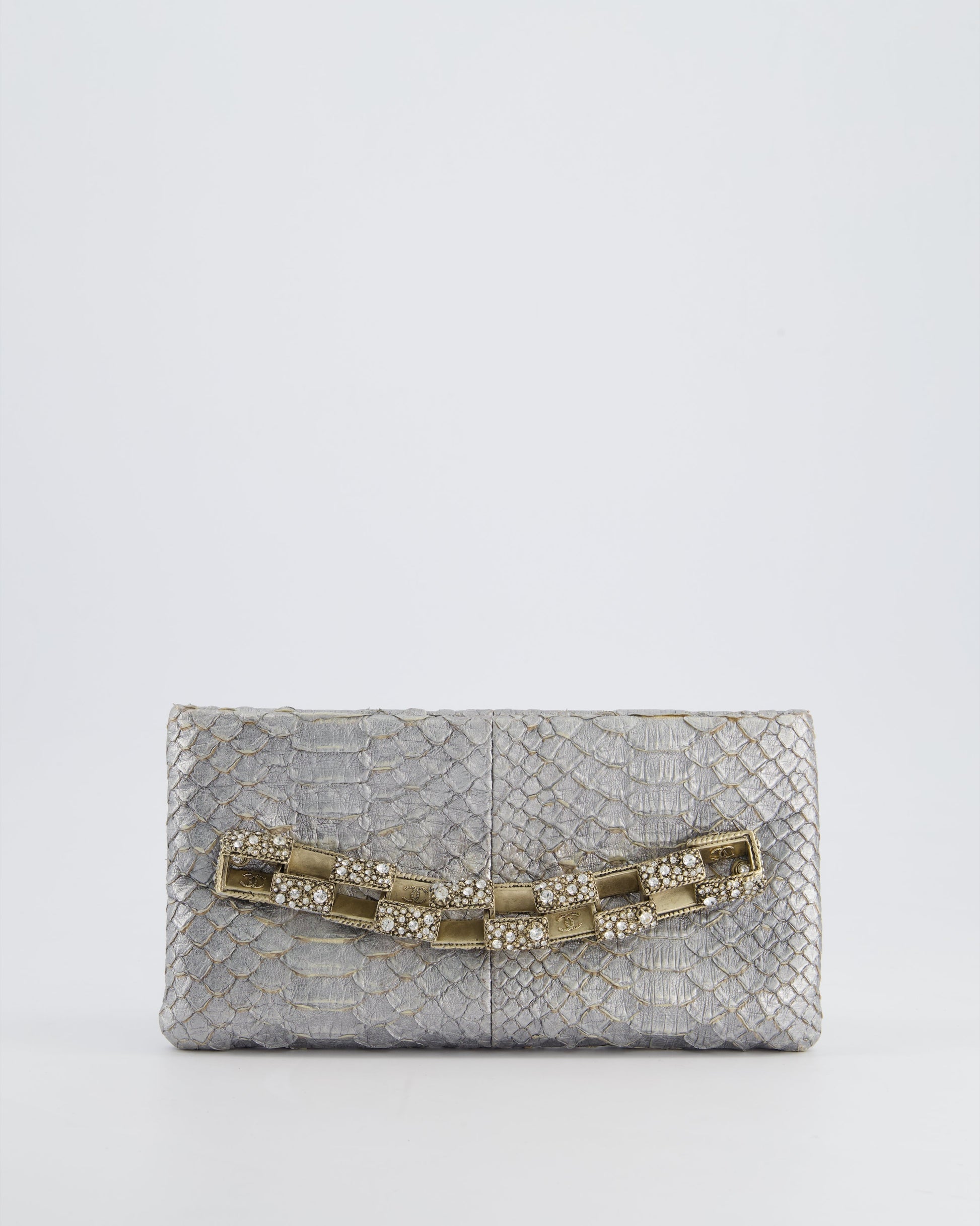 Chanel *Rare* Metallic Silver Paris Bombay Clutch In Python Leather And Antique Gold Hardware With Embellished Crystals