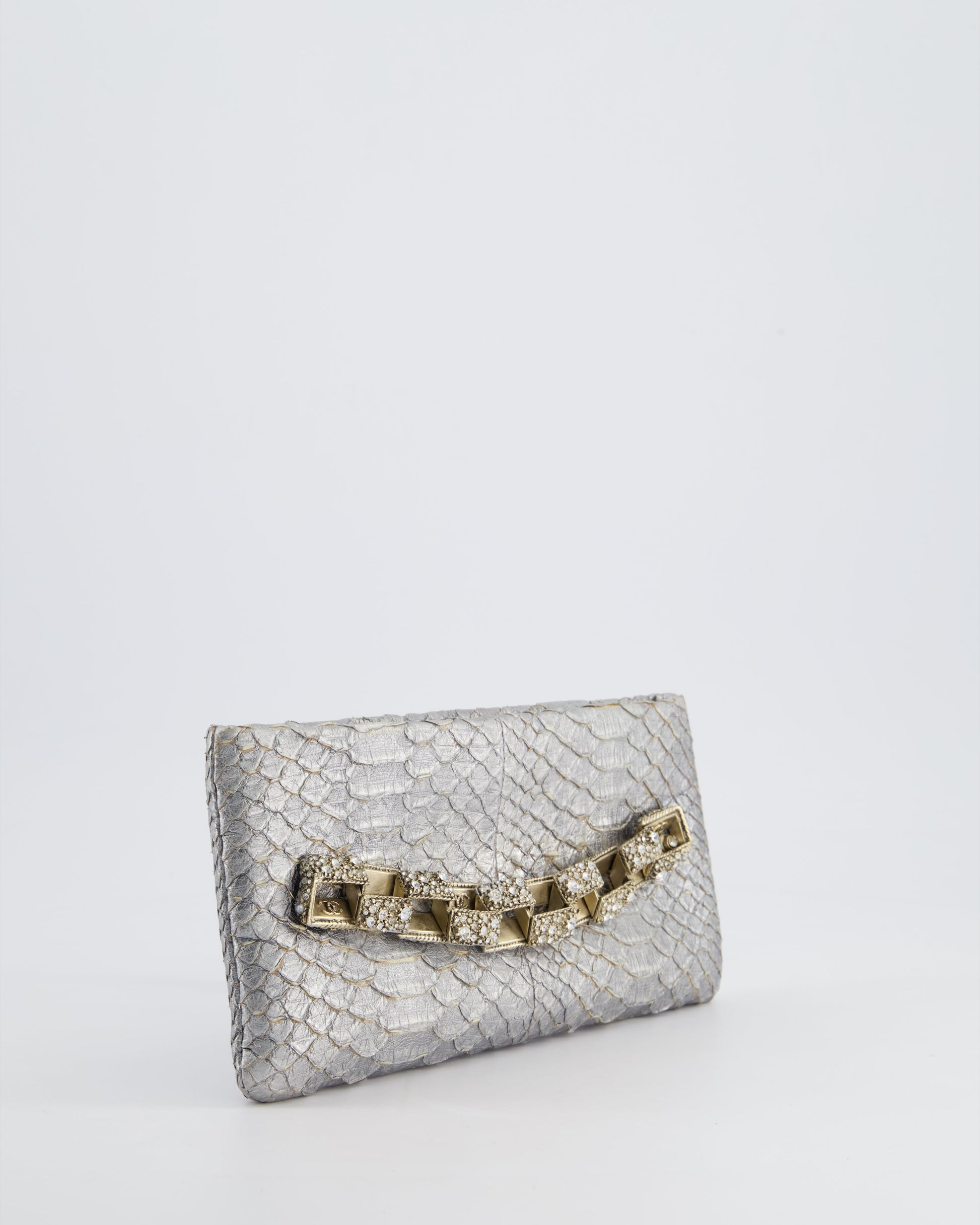 Chanel *Rare* Metallic Silver Paris Bombay Clutch In Python Leather And Antique Gold Hardware With Embellished Crystals