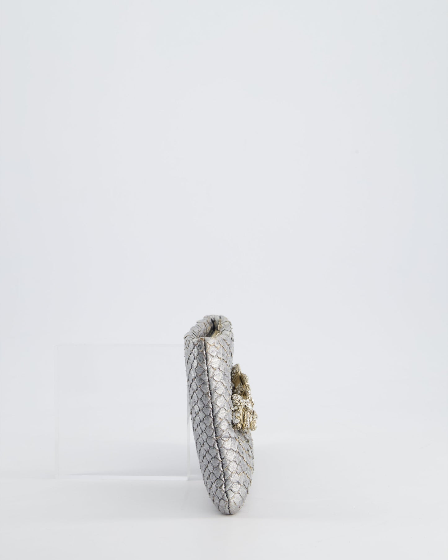 Chanel *Rare* Metallic Silver Paris Bombay Clutch In Python Leather And Antique Gold Hardware With Embellished Crystals
