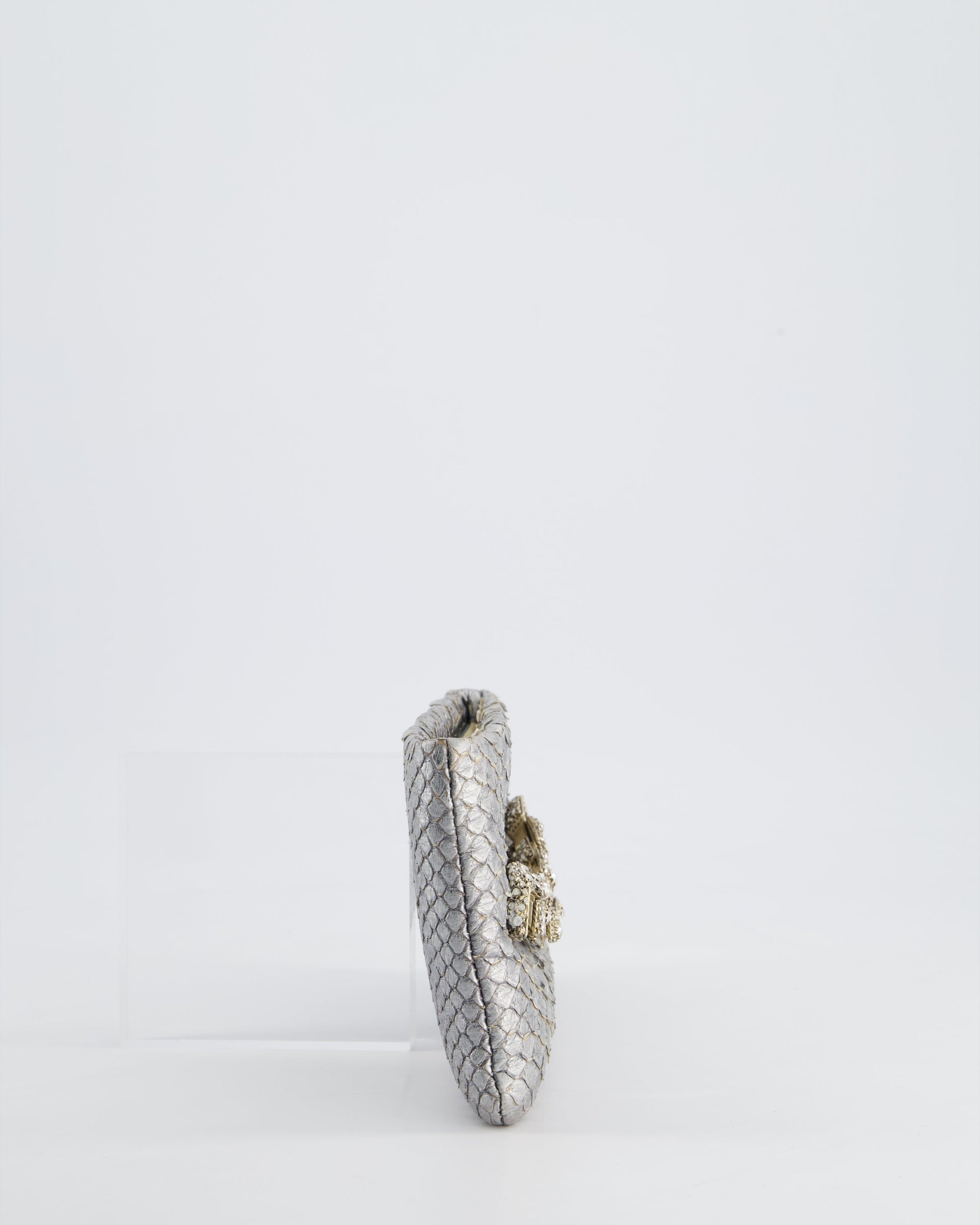 Chanel *Rare* Metallic Silver Paris Bombay Clutch In Python Leather And Antique Gold Hardware With Embellished Crystals