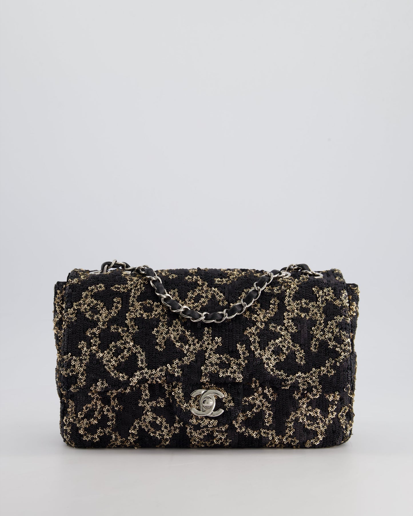 Chanel Black, Gold Sequin Cc Logo Medium Flap Bag With Silver Hardware