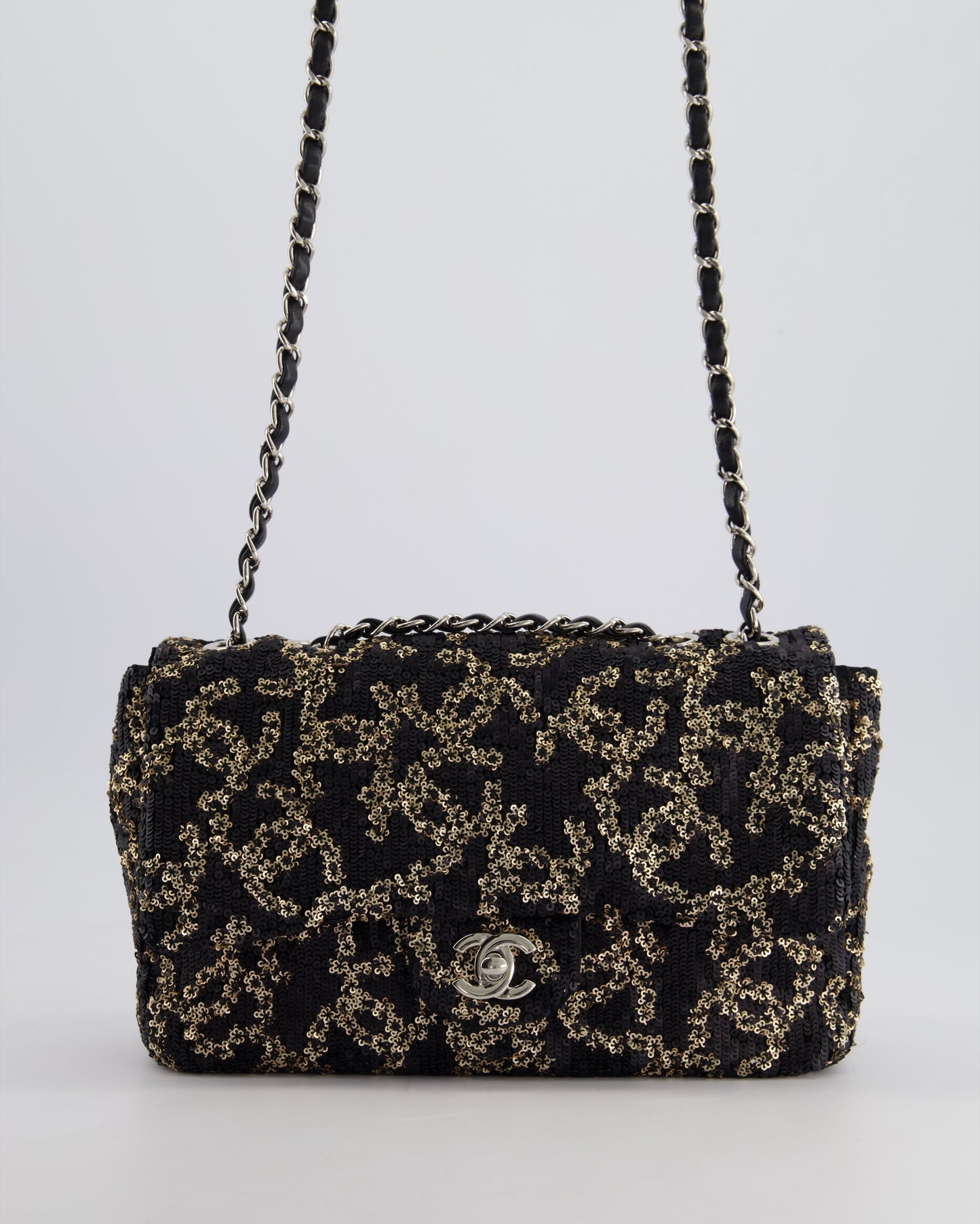 Chanel Black, Gold Sequin Cc Logo Medium Flap Bag With Silver Hardware