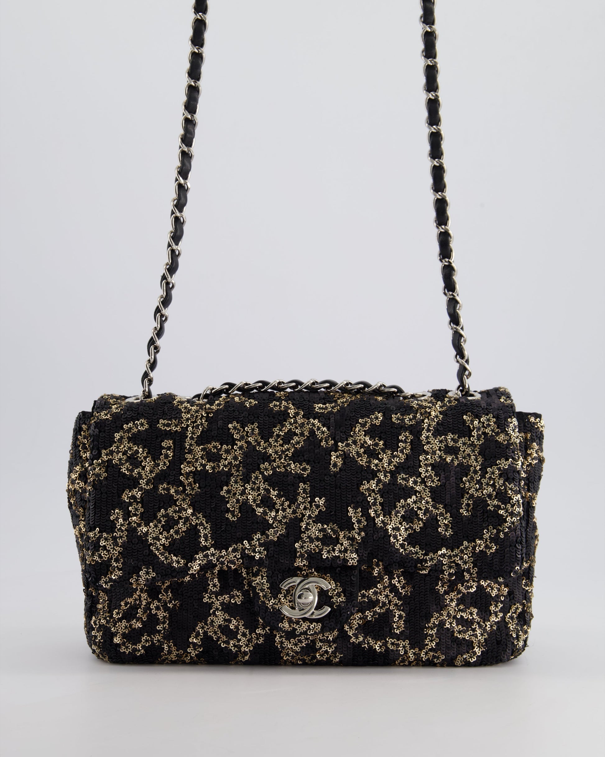 Chanel Black, Gold Sequin Cc Logo Medium Flap Bag With Silver Hardware