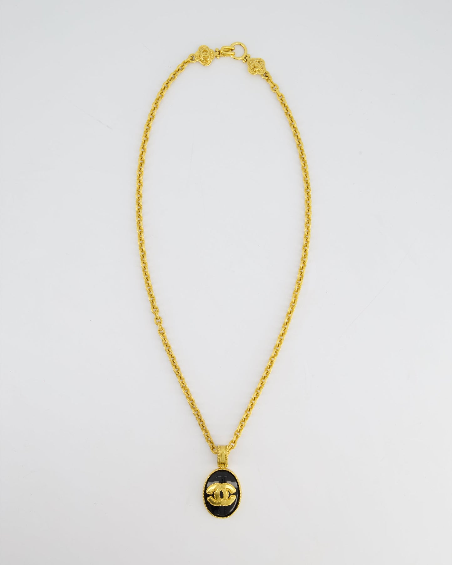 Chanel 96A   Gold and Black Pendant Necklace With CC Detail