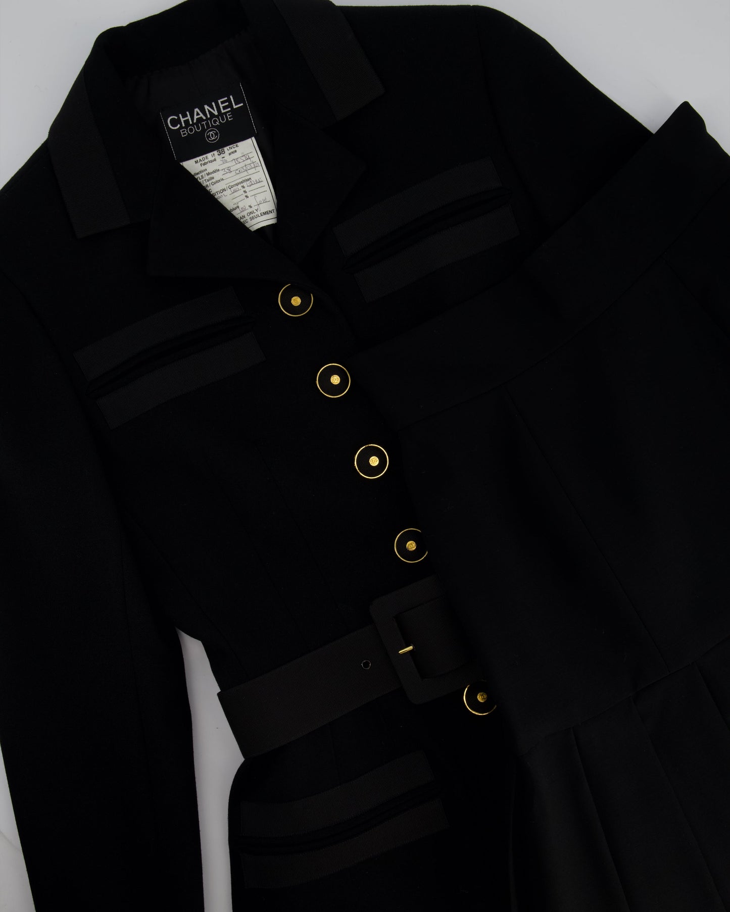 Chanel Black Wool Blazer Jacket and Pleated Mini Skirt Set With Belt and CC Logo Detail Buttons Size FR 38 (UK 10)