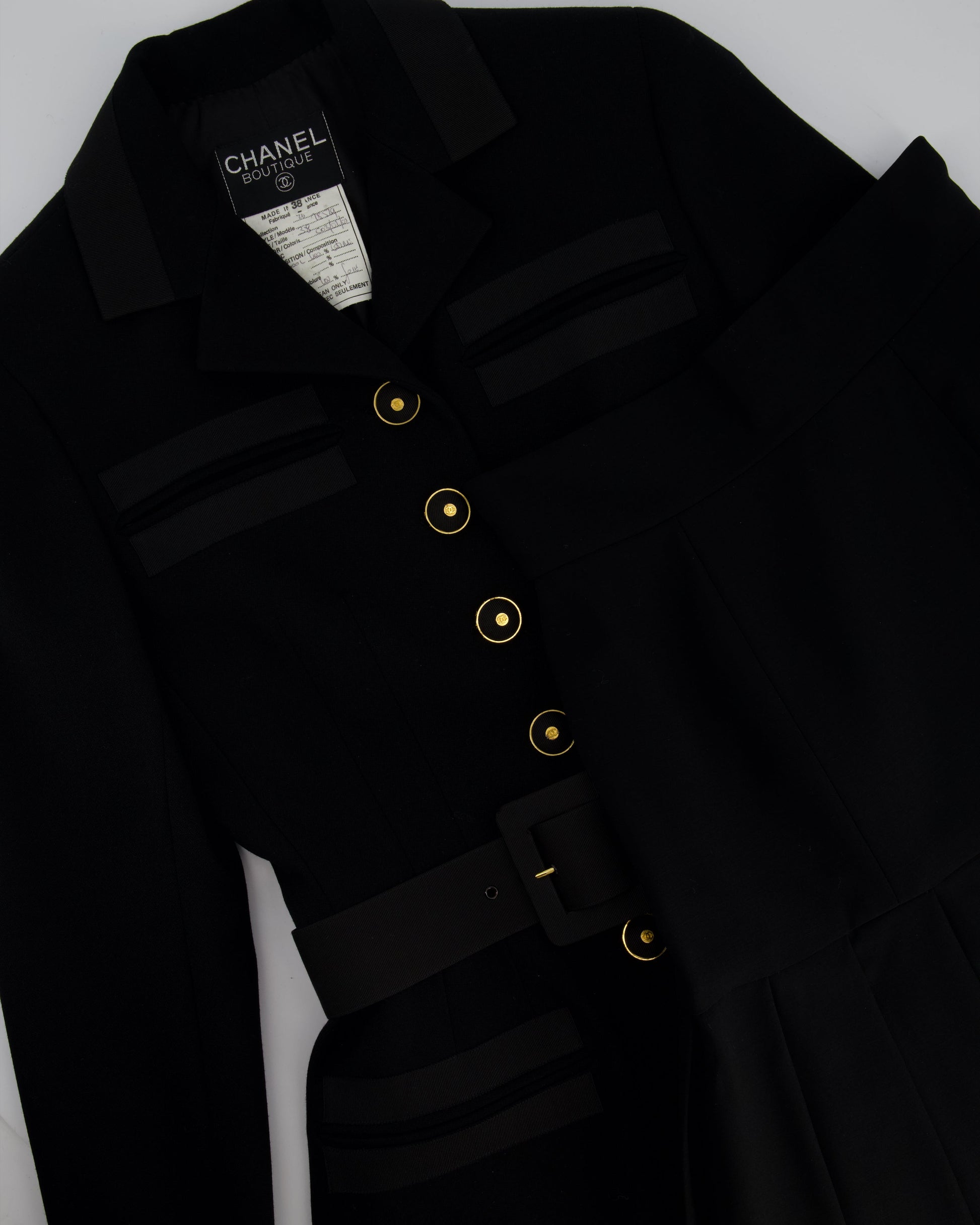 Chanel Black Wool Blazer Jacket and Pleated Mini Skirt Set With Belt and CC Logo Detail Buttons Size FR 38 (UK 10)