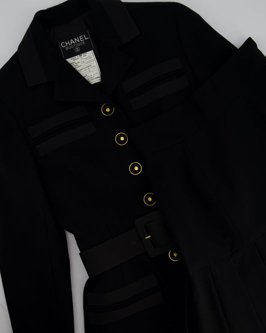 Chanel Black Wool Blazer Jacket and Pleated Mini Skirt Set With Belt and CC Logo Detail Buttons Size FR 38 (UK 10)