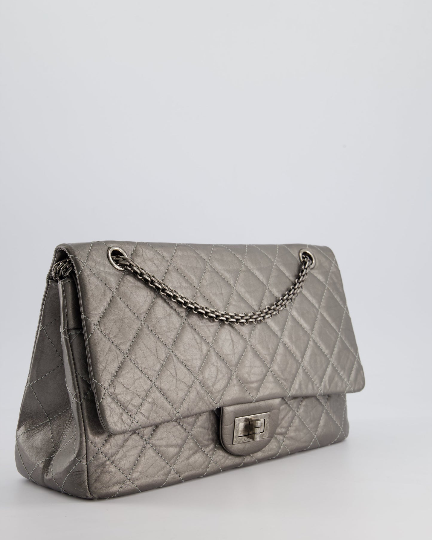 Chanel 2.55 Jumbo Reissue Bag In Metallic Grey Crumpled Calfskin Leather With Gunmetal Hardware