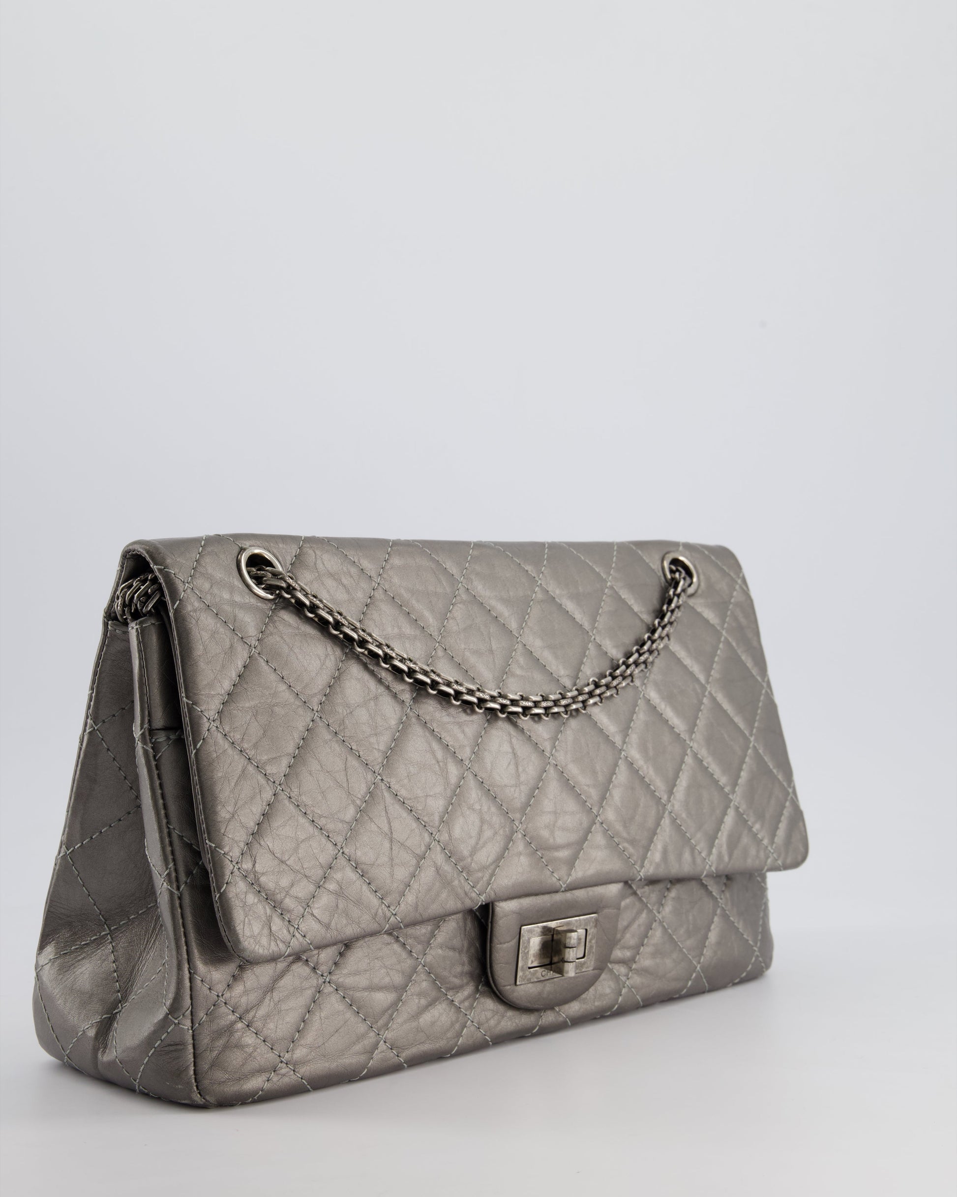 Chanel 2.55 Jumbo Reissue Bag In Metallic Grey Crumpled Calfskin Leather With Gunmetal Hardware