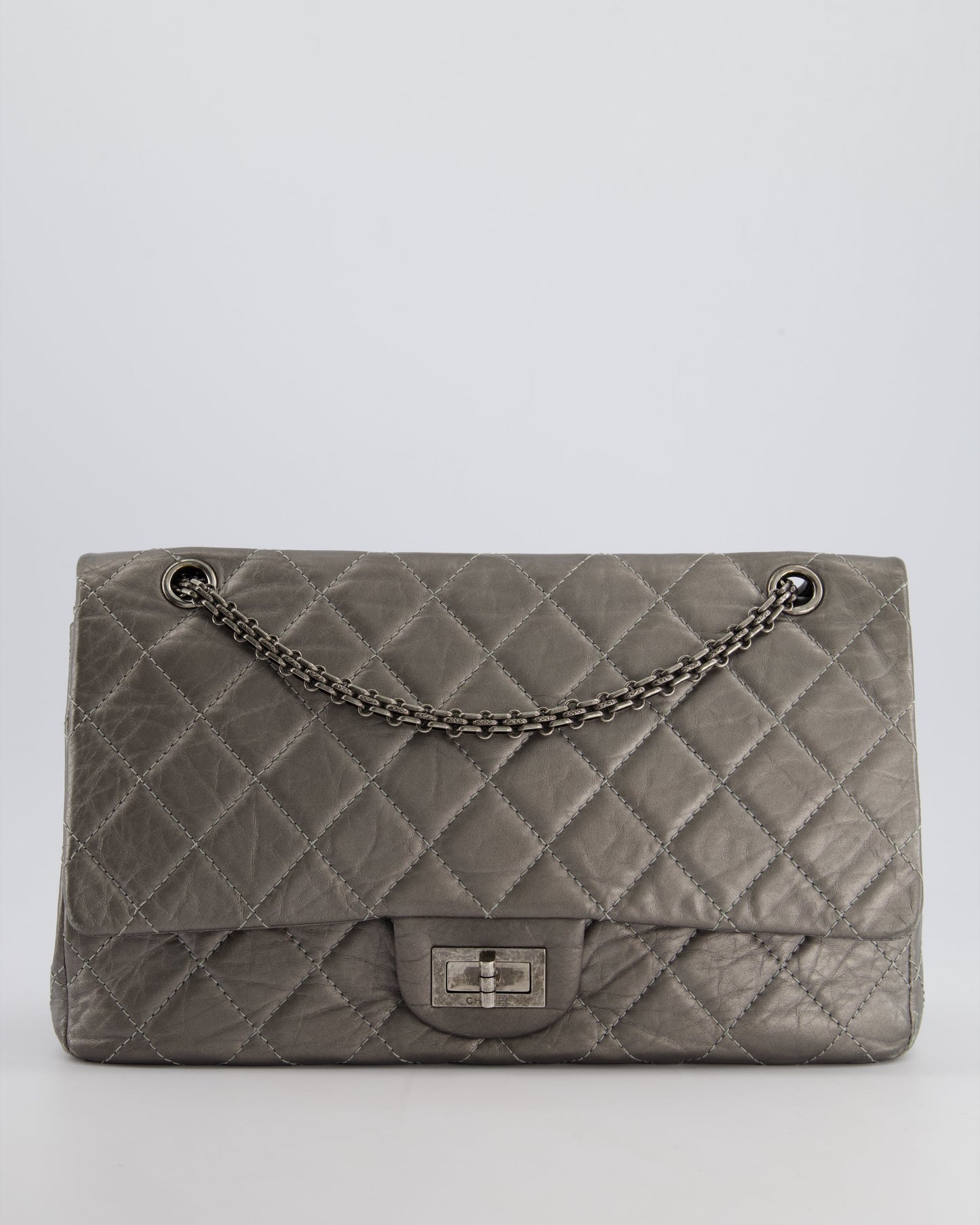 Chanel 2.55 Jumbo Reissue Bag In Metallic Grey Crumpled Calfskin Leather With Gunmetal Hardware