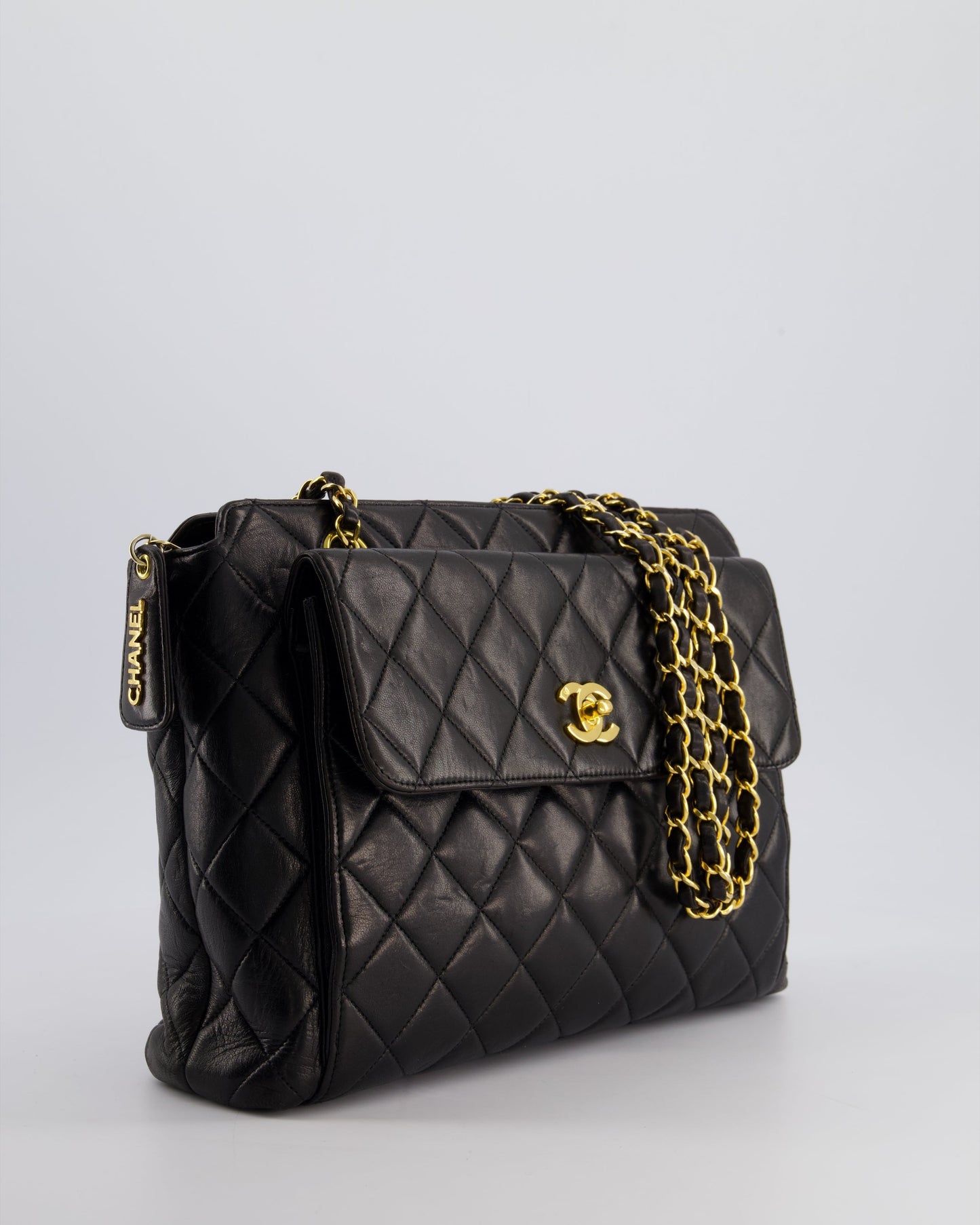 Chanel Black Quilted Cc Front Flap Logo Bag With Chain And Zip In Lambskin Leather With 24K Gold Hardware
