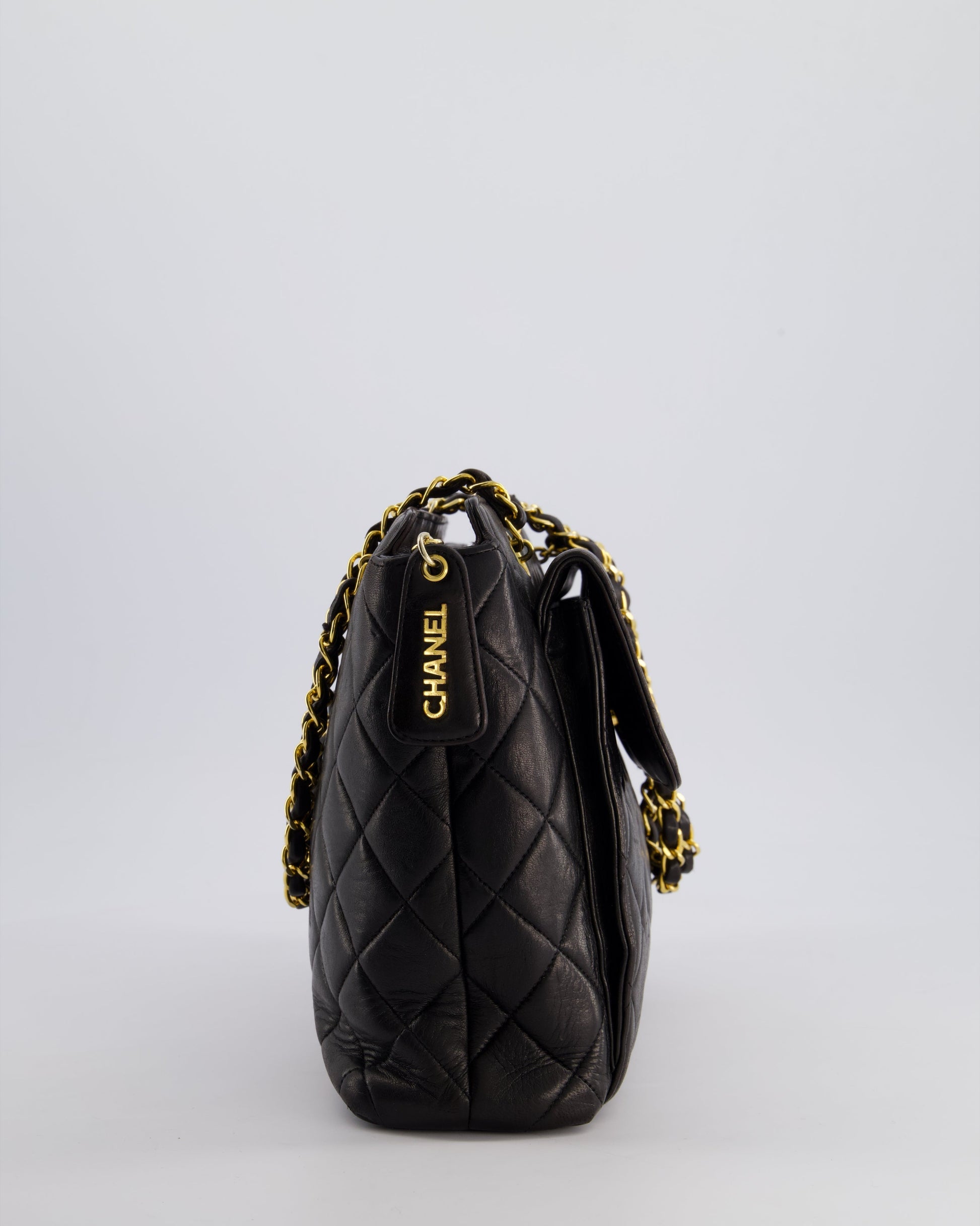 Chanel Black Quilted Cc Front Flap Logo Bag With Chain And Zip In Lambskin Leather With 24K Gold Hardware