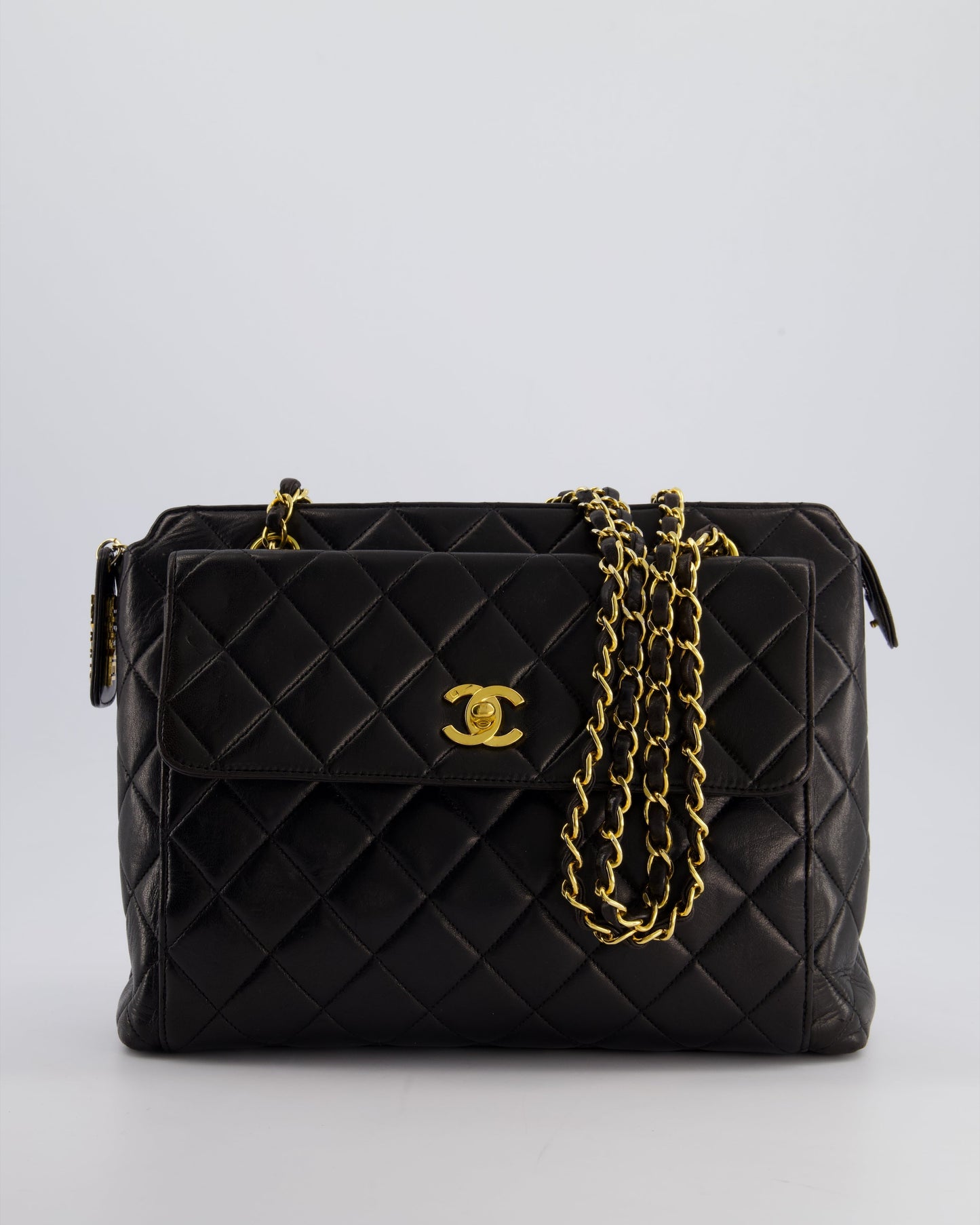 Chanel Black Quilted Cc Front Flap Logo Bag With Chain And Zip In Lambskin Leather With 24K Gold Hardware