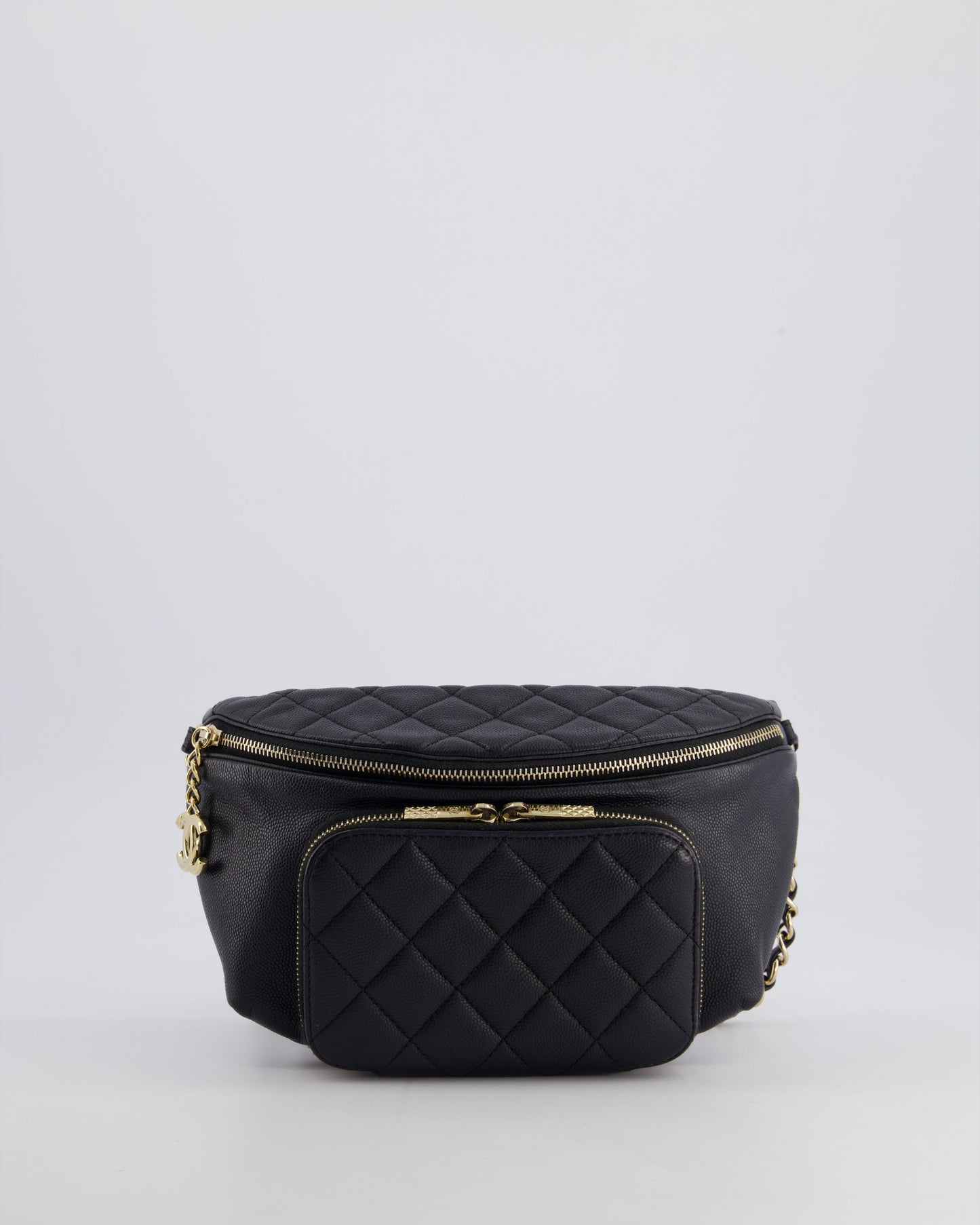 Chanel Black Quilted Business Affinity Bum Bag in Caviar Leather with Champagne Gold Hardware and Logo Zip