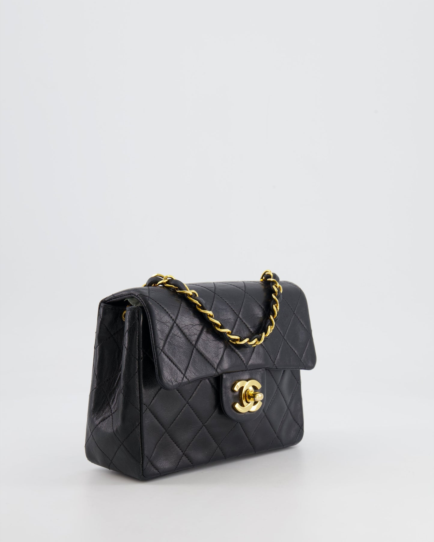 Chanel   Black Mini Square Single Flap Bag in Lambskin Leather with 24K Gold Hardware