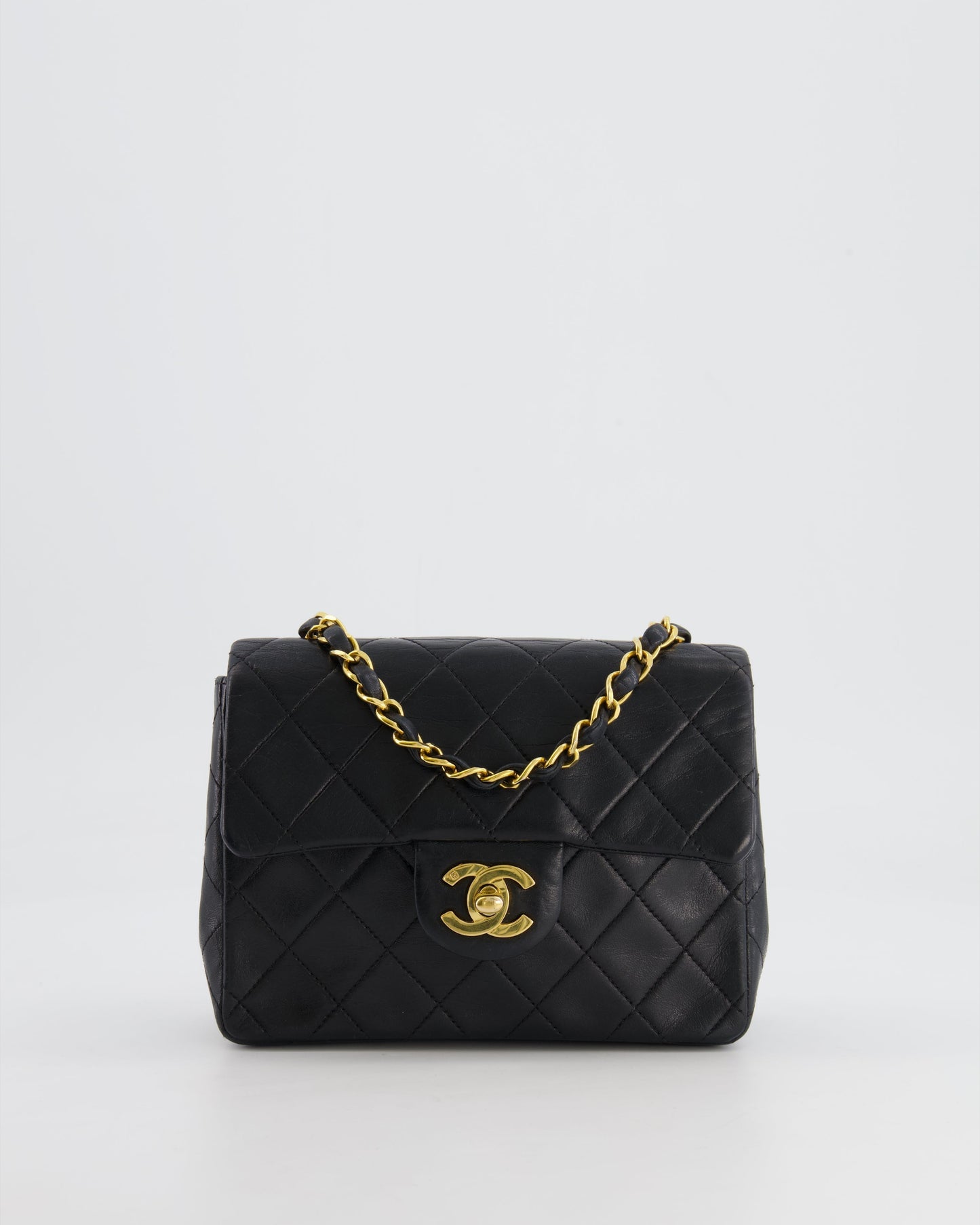 Chanel Black Mini Square Single Flap Bag In Lambskin Leather With 24K Gold Hardware