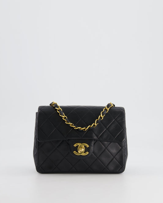 Chanel Black Mini Square Single Flap Bag In Lambskin Leather With 24K Gold Hardware