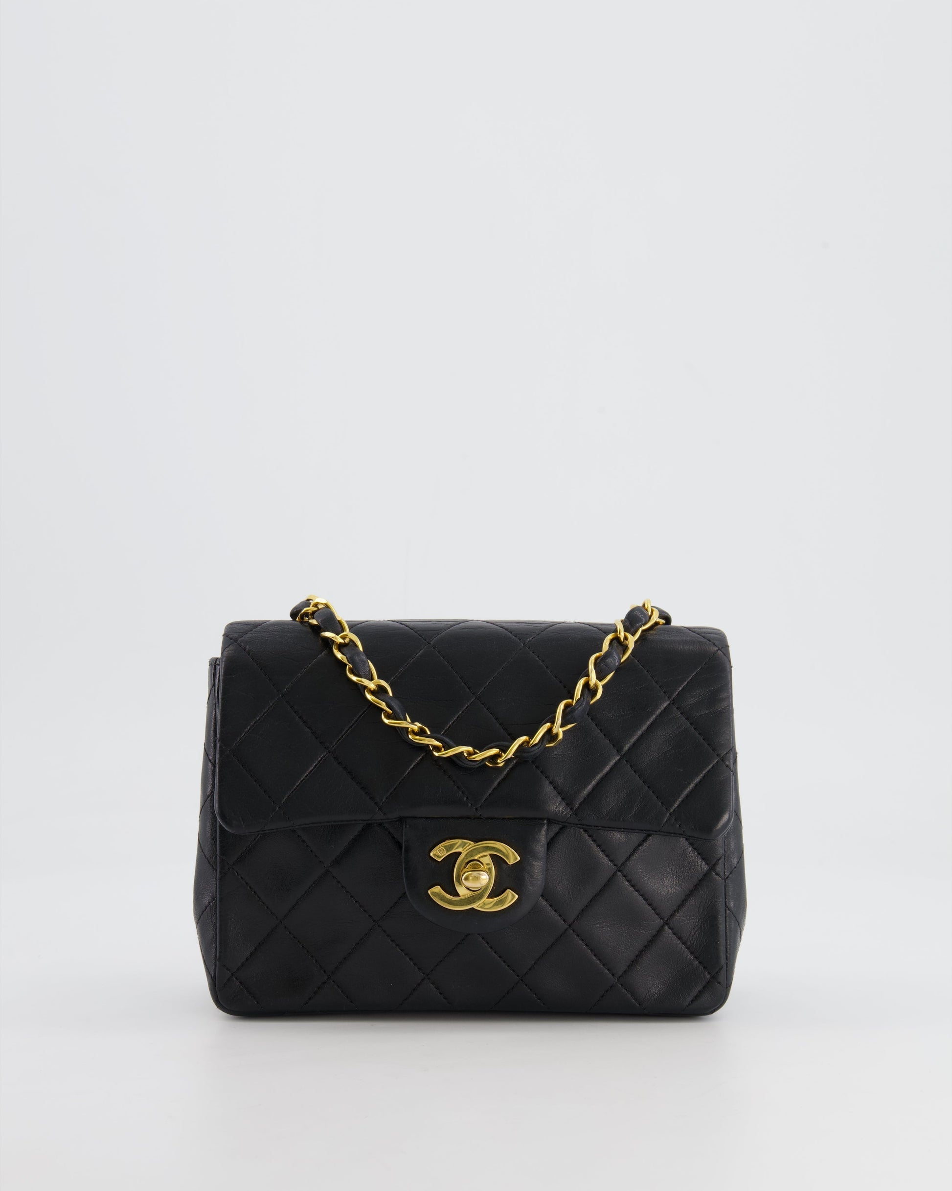 Chanel   Black Mini Square Single Flap Bag in Lambskin Leather with 24K Gold Hardware