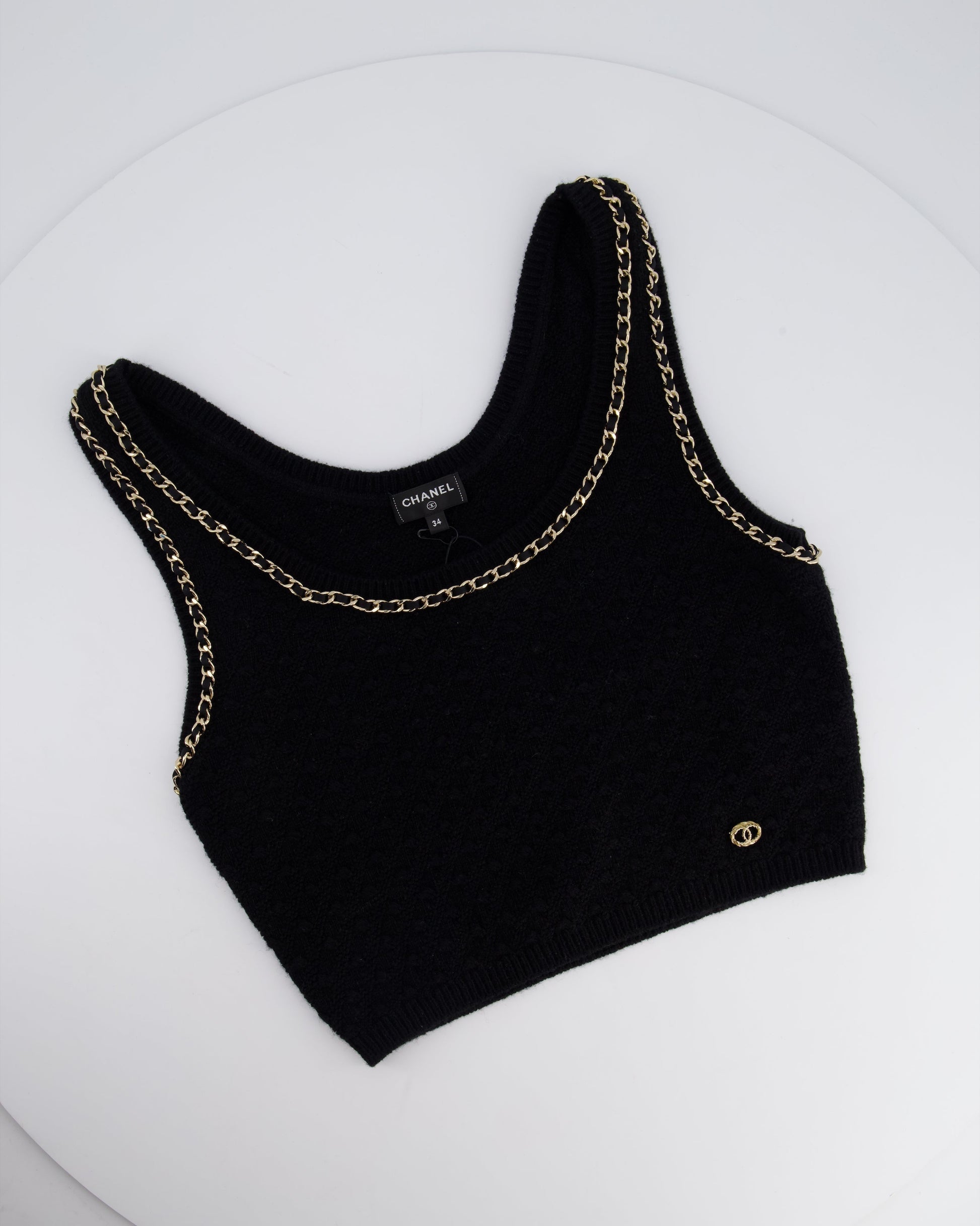 Chanel 23B Black Cashmere Knit Tank Top with Gold Chain and Logo Detail Size FR 34 (UK 6) RRP ¬£2150