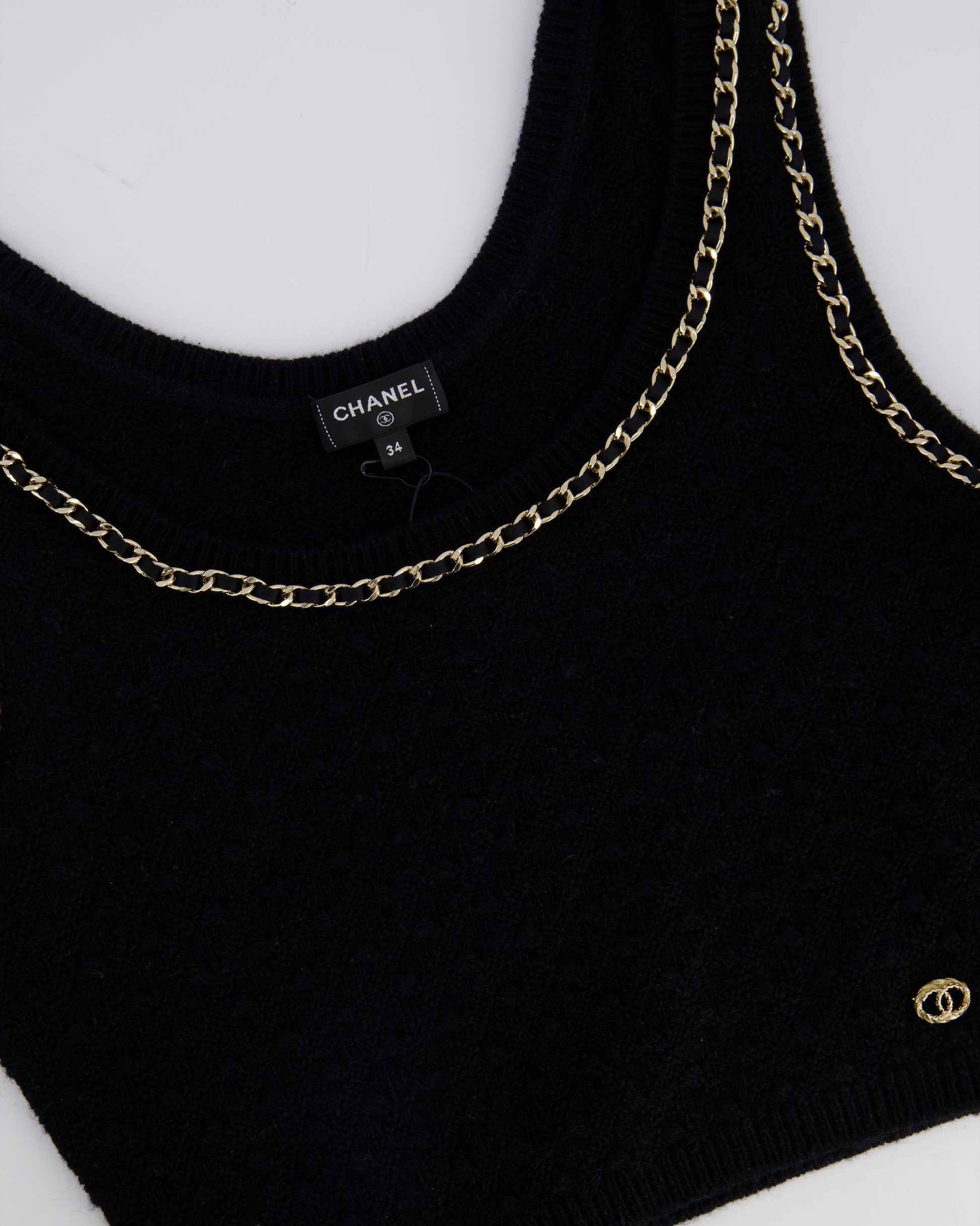 Chanel 23B Black Cashmere Knit Tank Top With Gold Chain And Logo Detail Size Fr 34 (Uk 6) Rrp ¬£ Bag