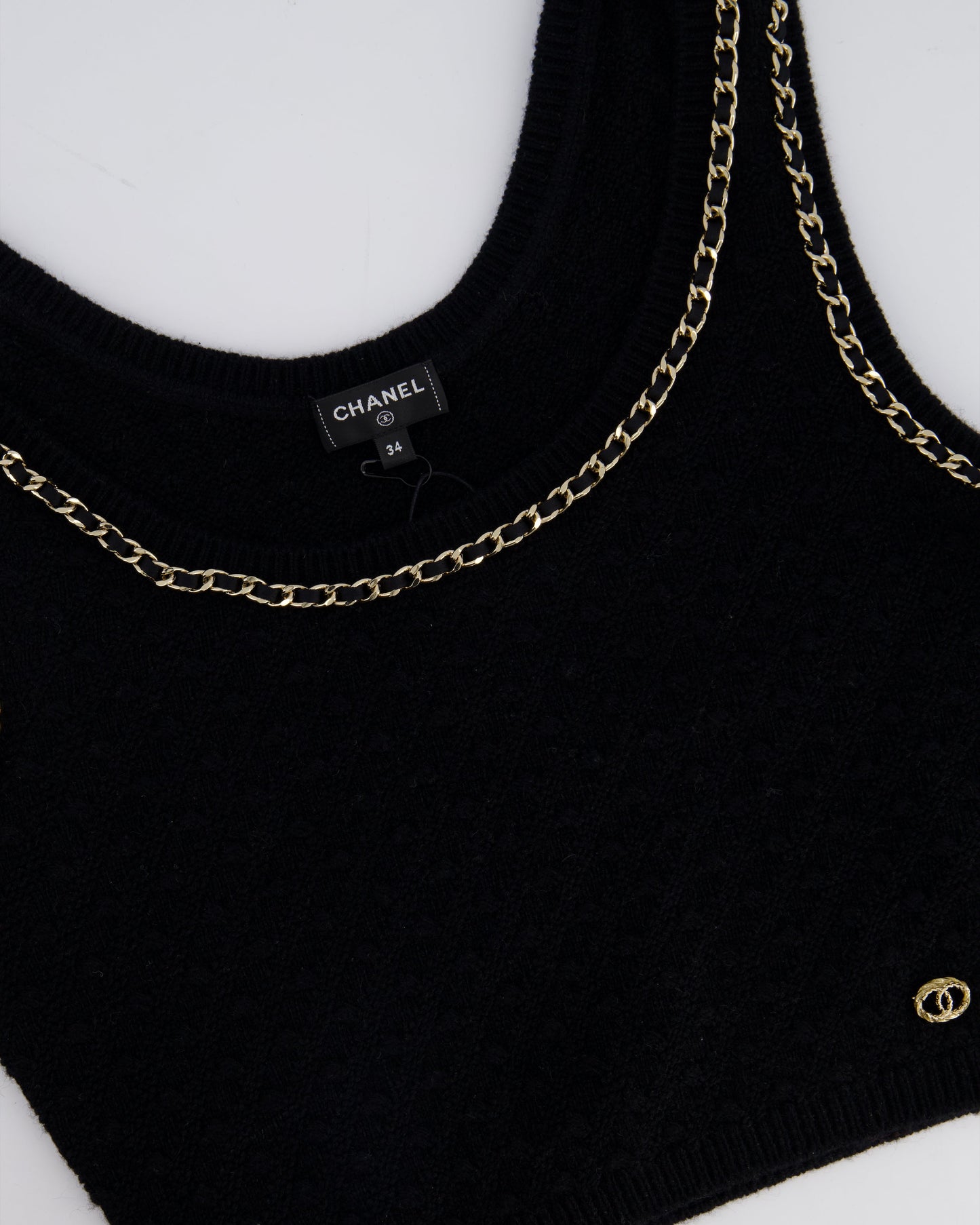 Chanel 23B Black Cashmere Knit Tank Top with Gold Chain and Logo Detail Size FR 34 (UK 6) RRP ¬£2150