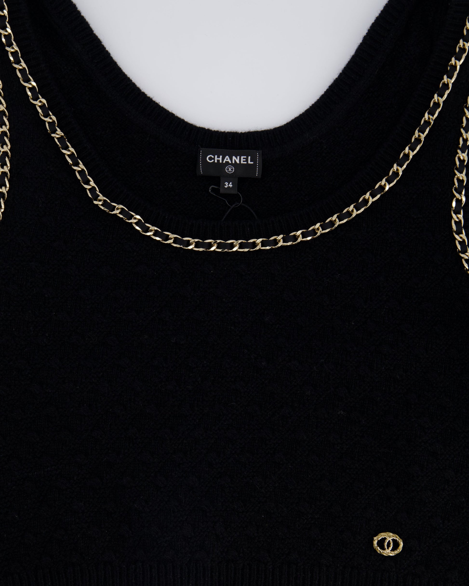 Chanel 23B Black Cashmere Knit Tank Top With Gold Chain And Logo Detail Size Fr 34 (Uk 6) Rrp ¬£ Bag
