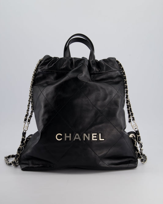 Chanel *Fire Price* 22 Small Backpack Bag In Black Shiny Calfskin With Brushed Silver Hardware