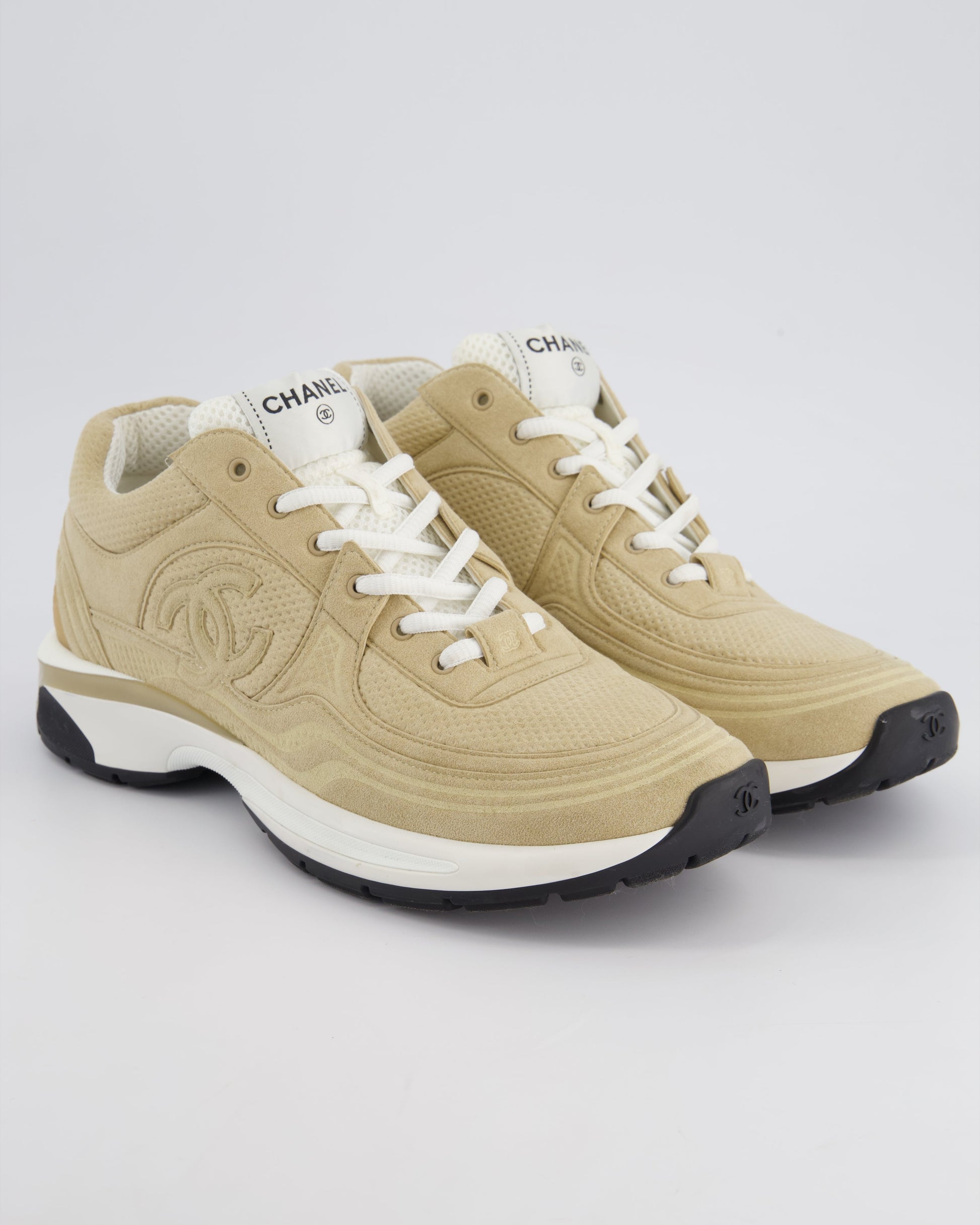 Chanel Beige Suede Sneakers With Cc Logo Detail Size Eu 41.5