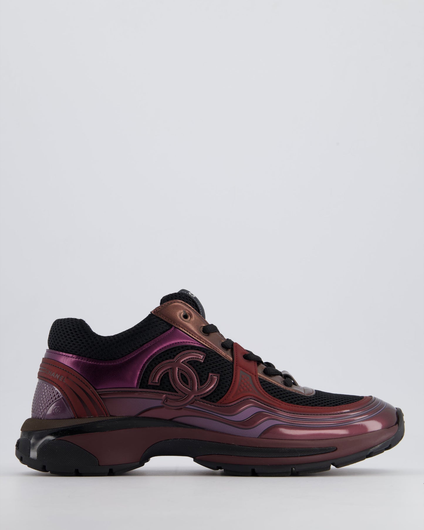 Chanel Patent Burgundy & Black Leather Sneakers With Cc Logo Detail Size Eu 41.5