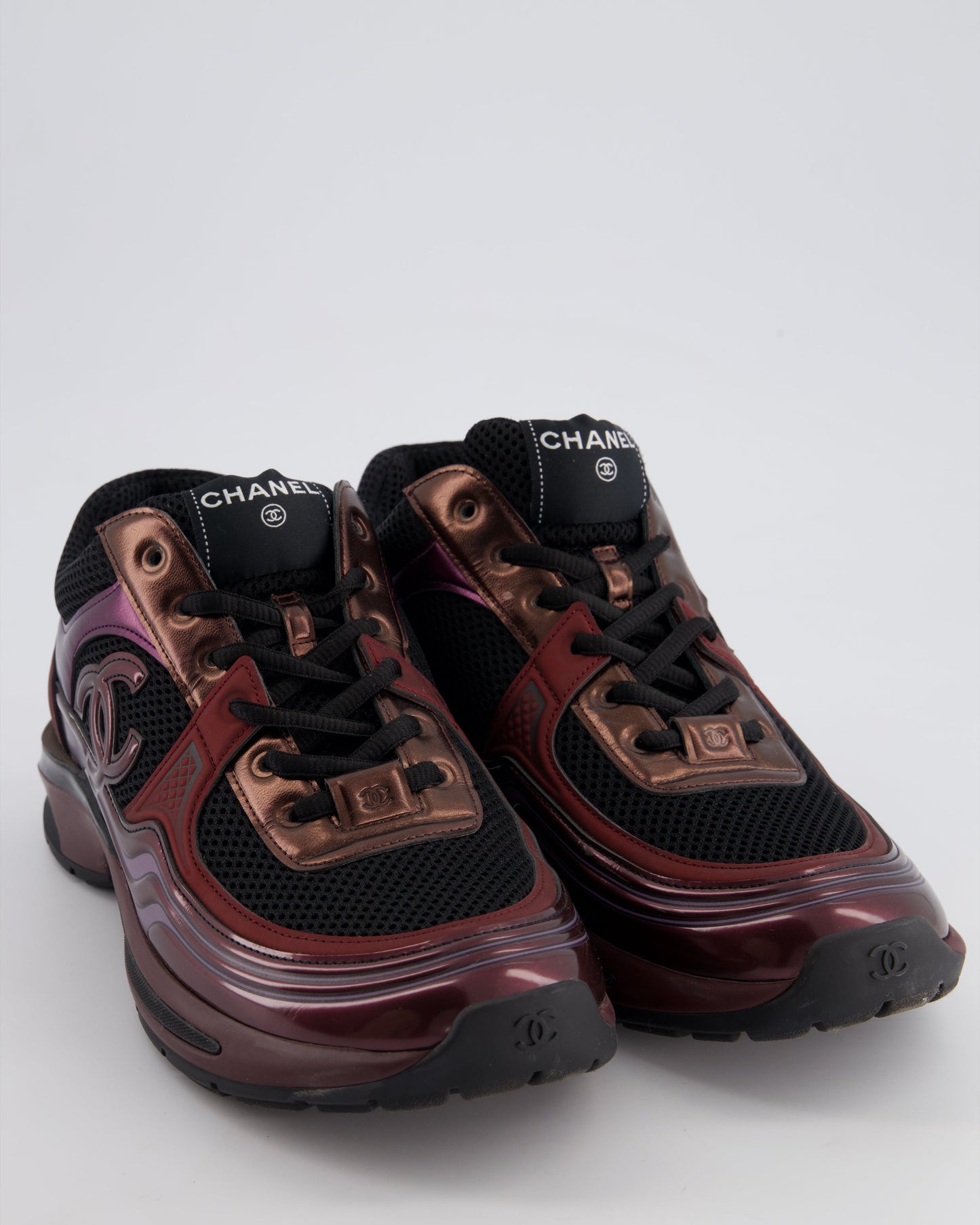 Chanel Patent Burgundy & Black Leather Sneakers With CC Logo Detail Size EU 41.5