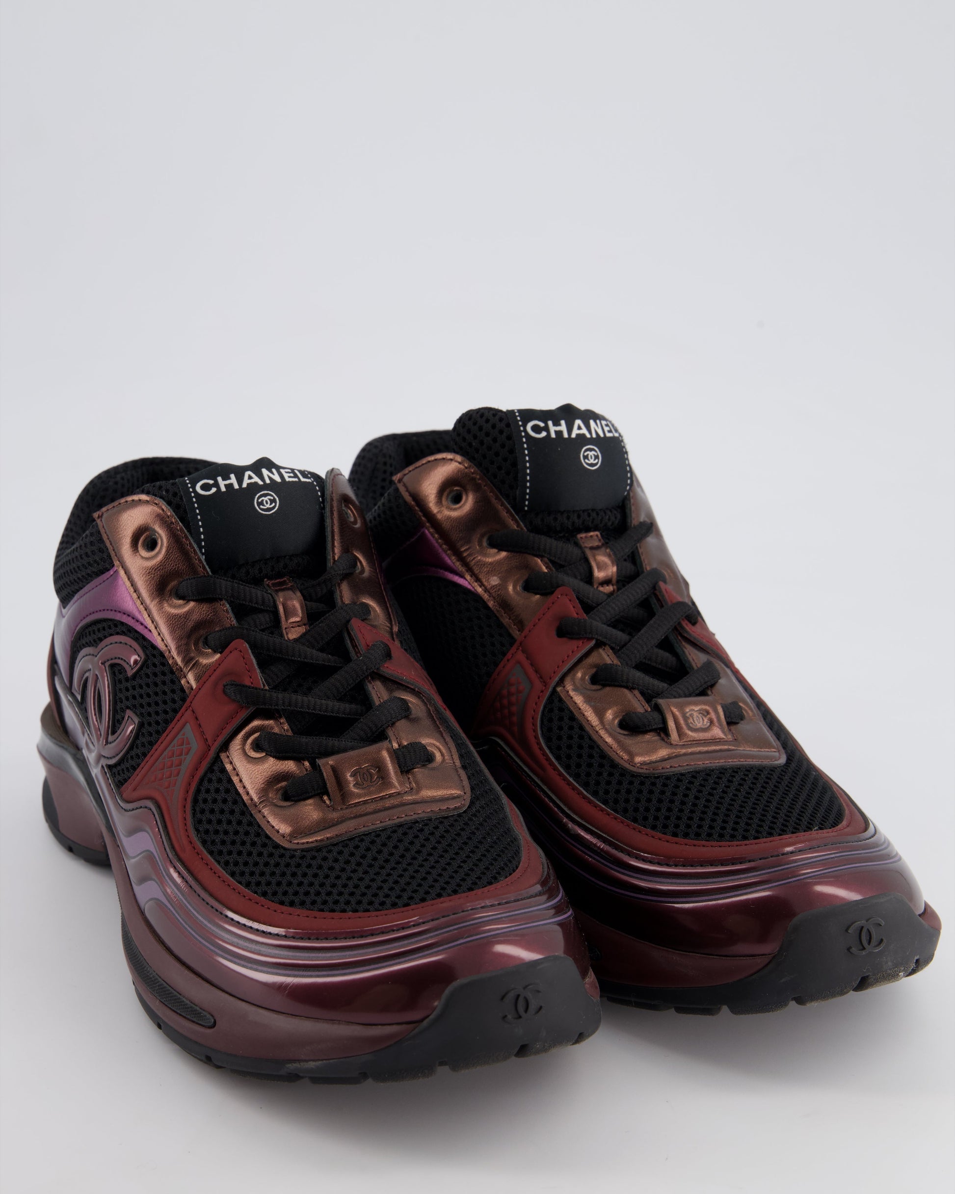 Chanel Patent Burgundy & Black Leather Sneakers With CC Logo Detail Size EU 41.5
