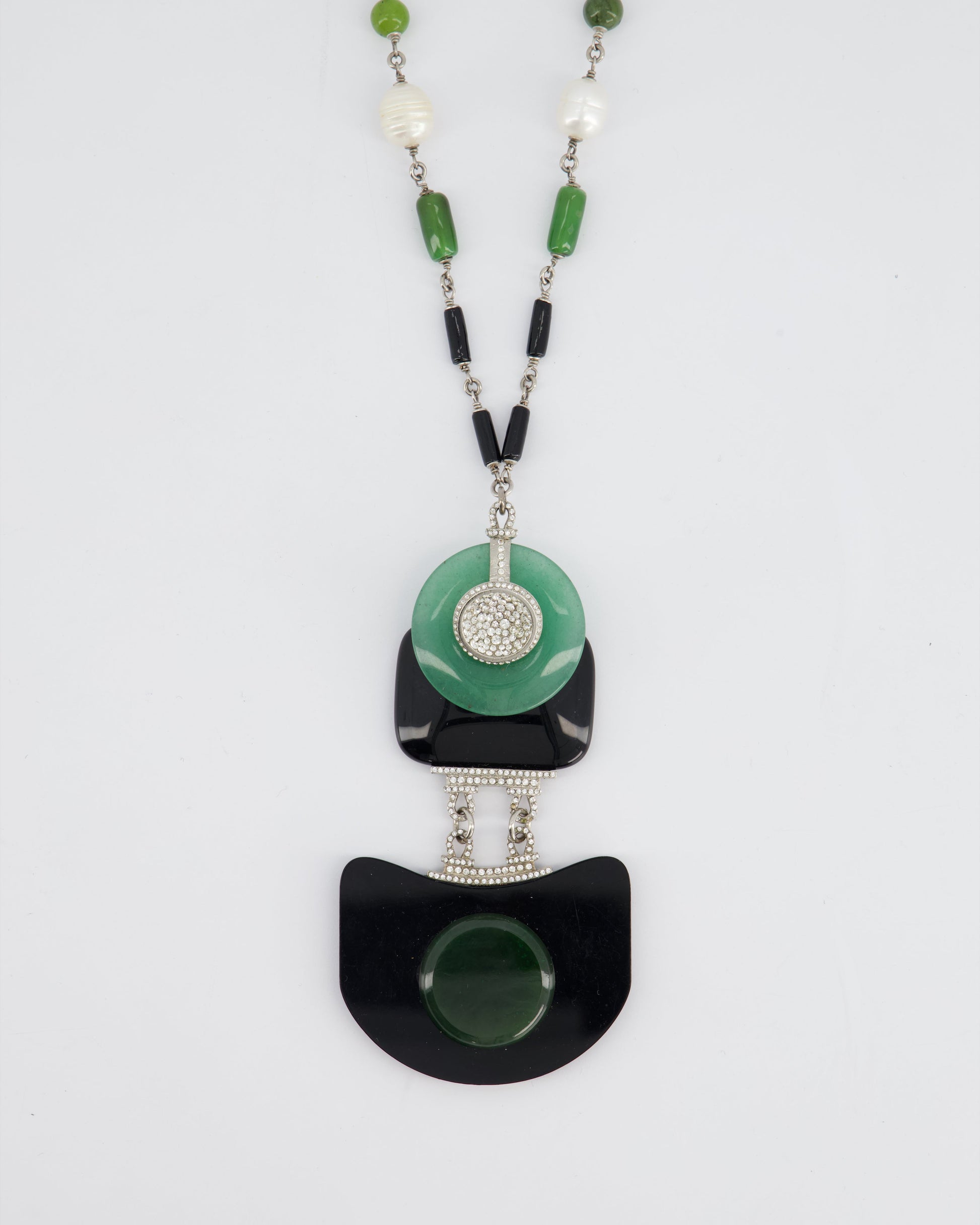 Chanel Aw/09 Art Deco Jade, Crystal And Pearl Resin Pendant Necklace