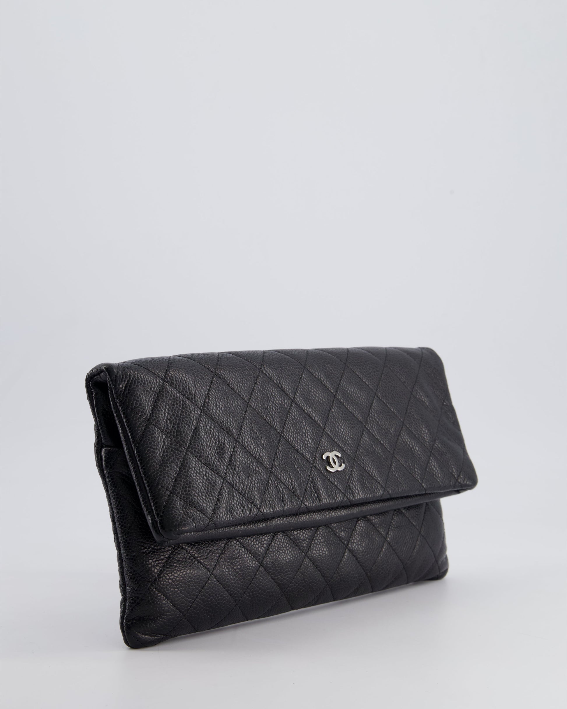Chanel Black Long Clutch Bag In Caviar Leather With Silver Hardware